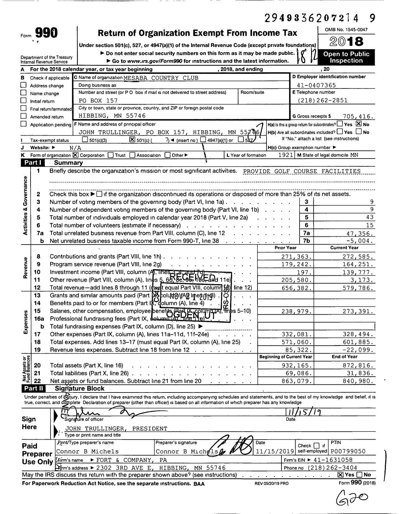 Image of first page of 2018 Form 990O for Mesaba Country Club