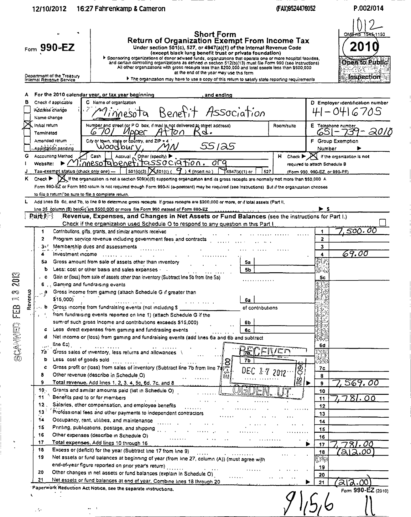 Image of first page of 2010 Form 990EO for Minnesota Benefit Association