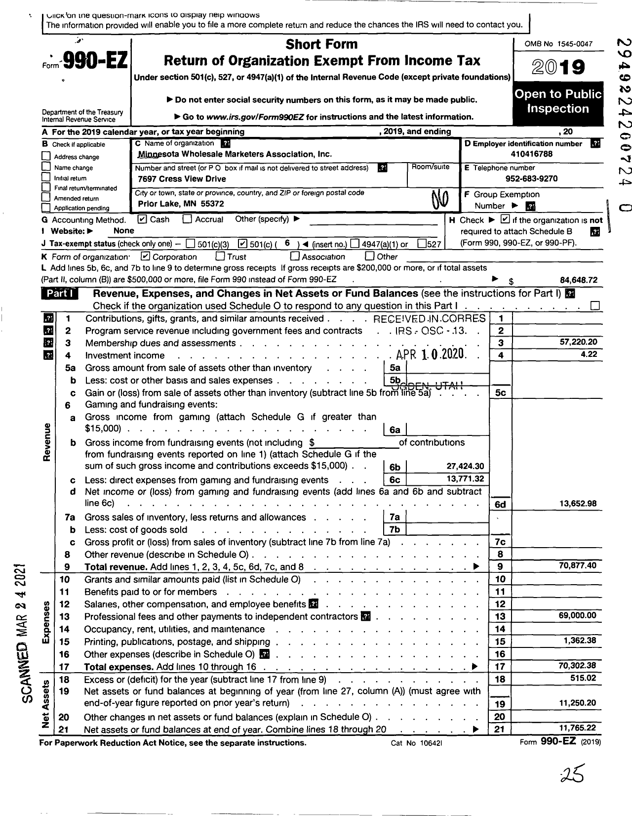 Image of first page of 2019 Form 990EO for Minnesota Wholesale Marketers Association