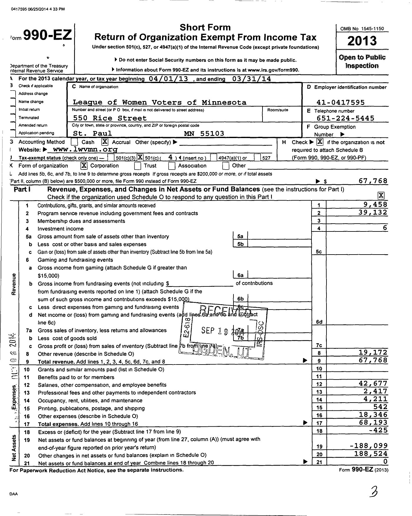 Image of first page of 2013 Form 990EO for League of Women Voters of Minnesota