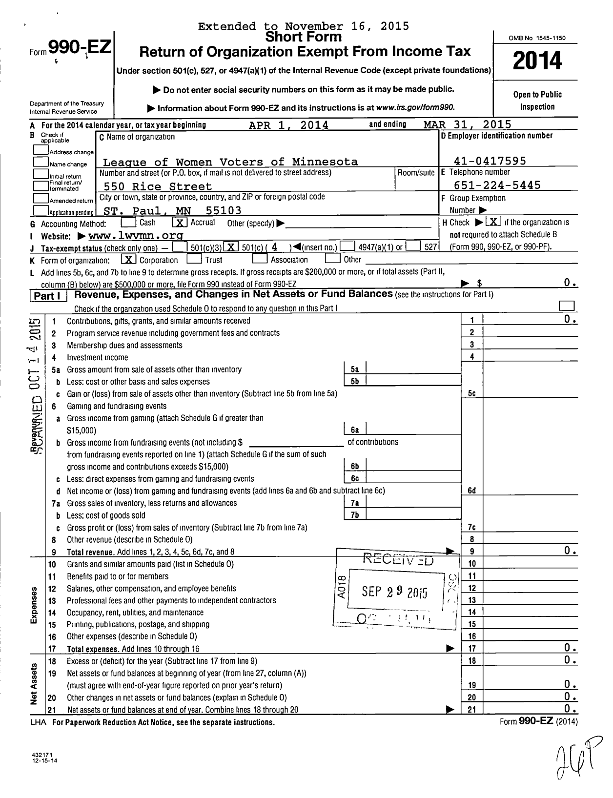 Image of first page of 2014 Form 990EO for League of Women Voters of Minnesota