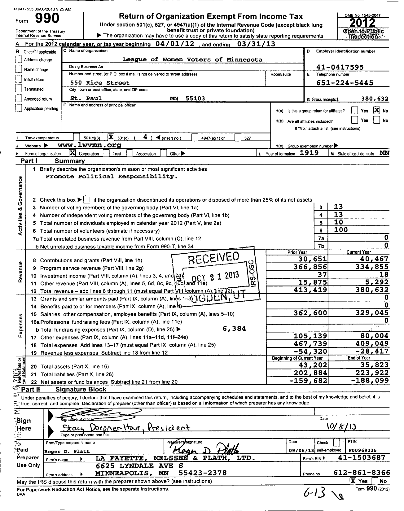 Image of first page of 2012 Form 990O for League of Women Voters of Minnesota