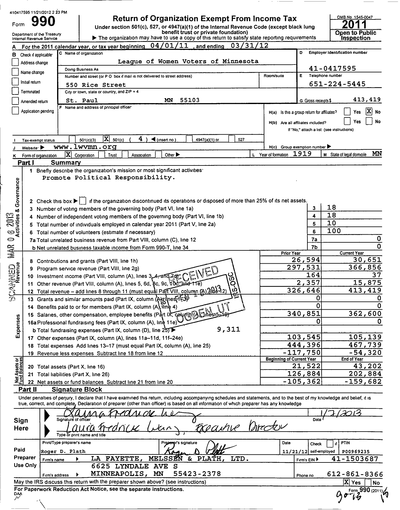 Image of first page of 2011 Form 990O for League of Women Voters of Minnesota