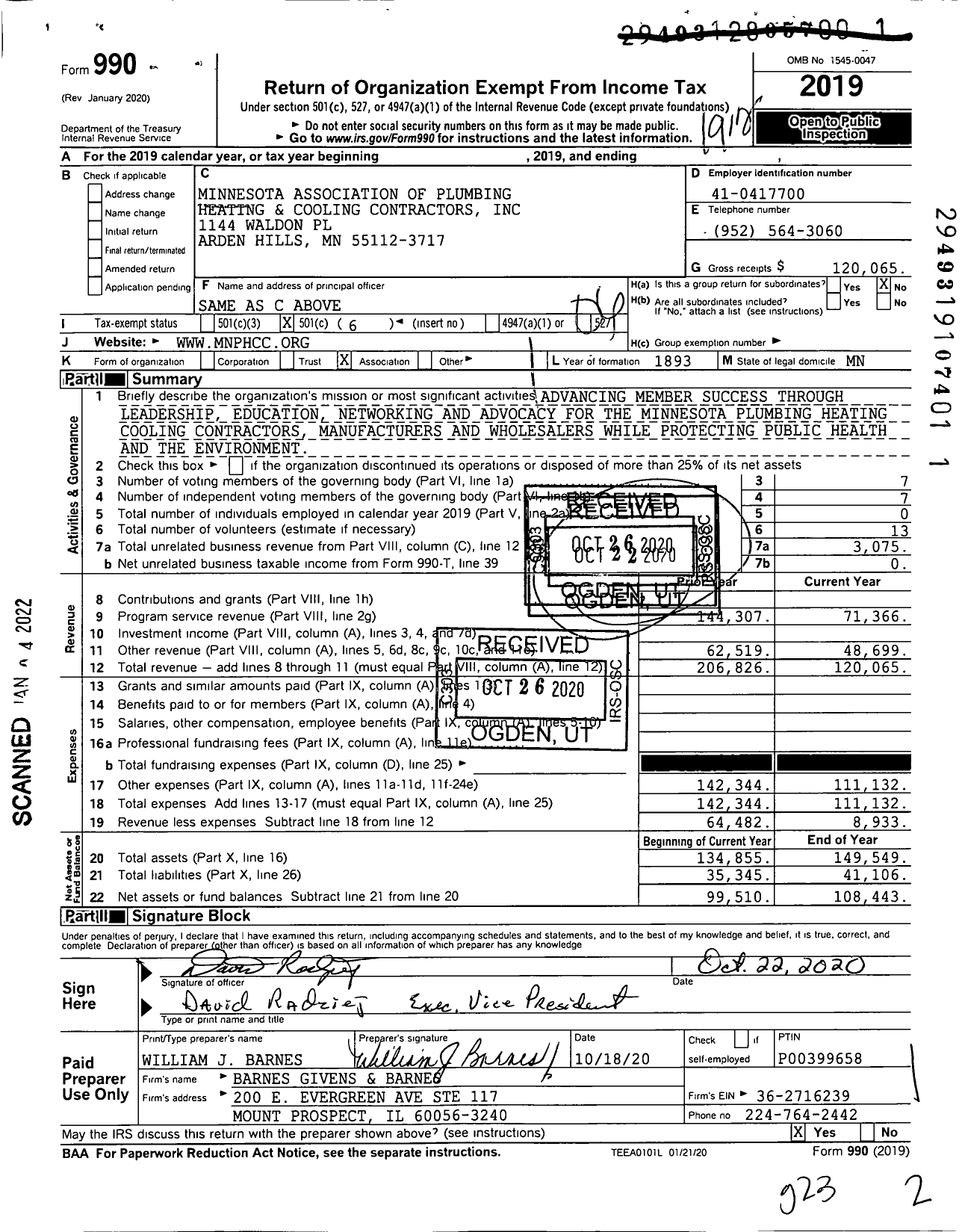 Image of first page of 2019 Form 990O for Minnesota Association of Plumbing Heating and Cooling Contractors