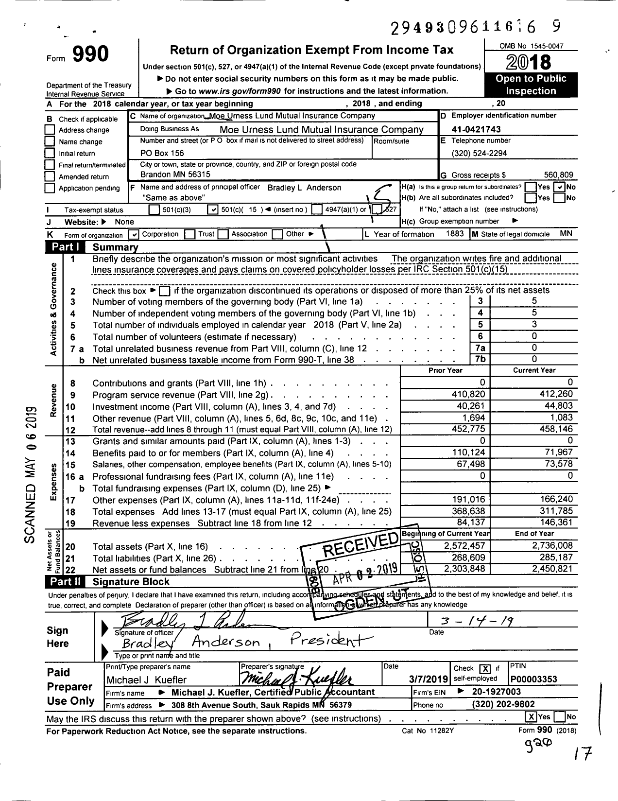 Image of first page of 2018 Form 990O for Moe Urness Lund Mutual Insurance