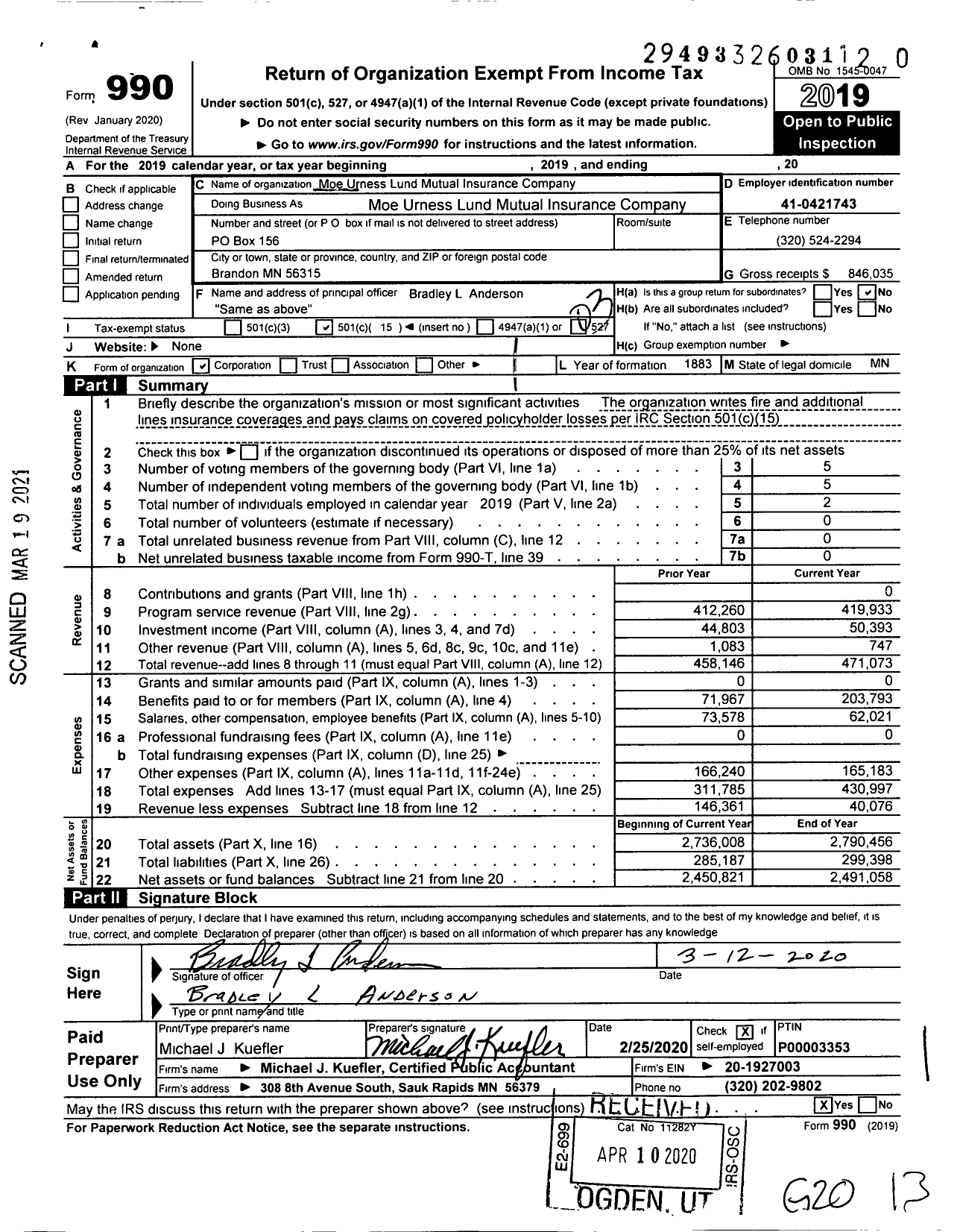 Image of first page of 2019 Form 990 for Moe Urness Lund Mutual Insurance