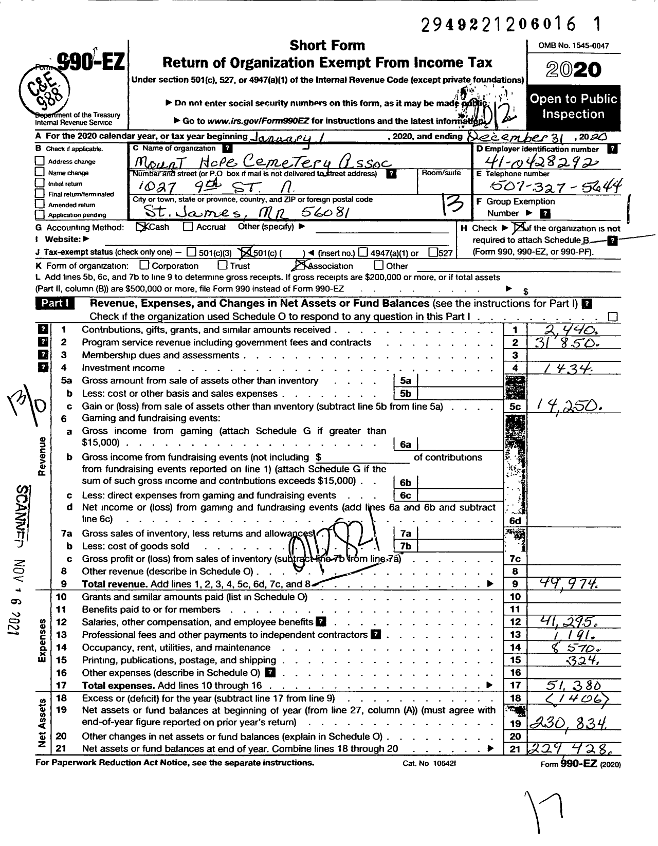 Image of first page of 2020 Form 990EO for Mount Hope Cemetery Association