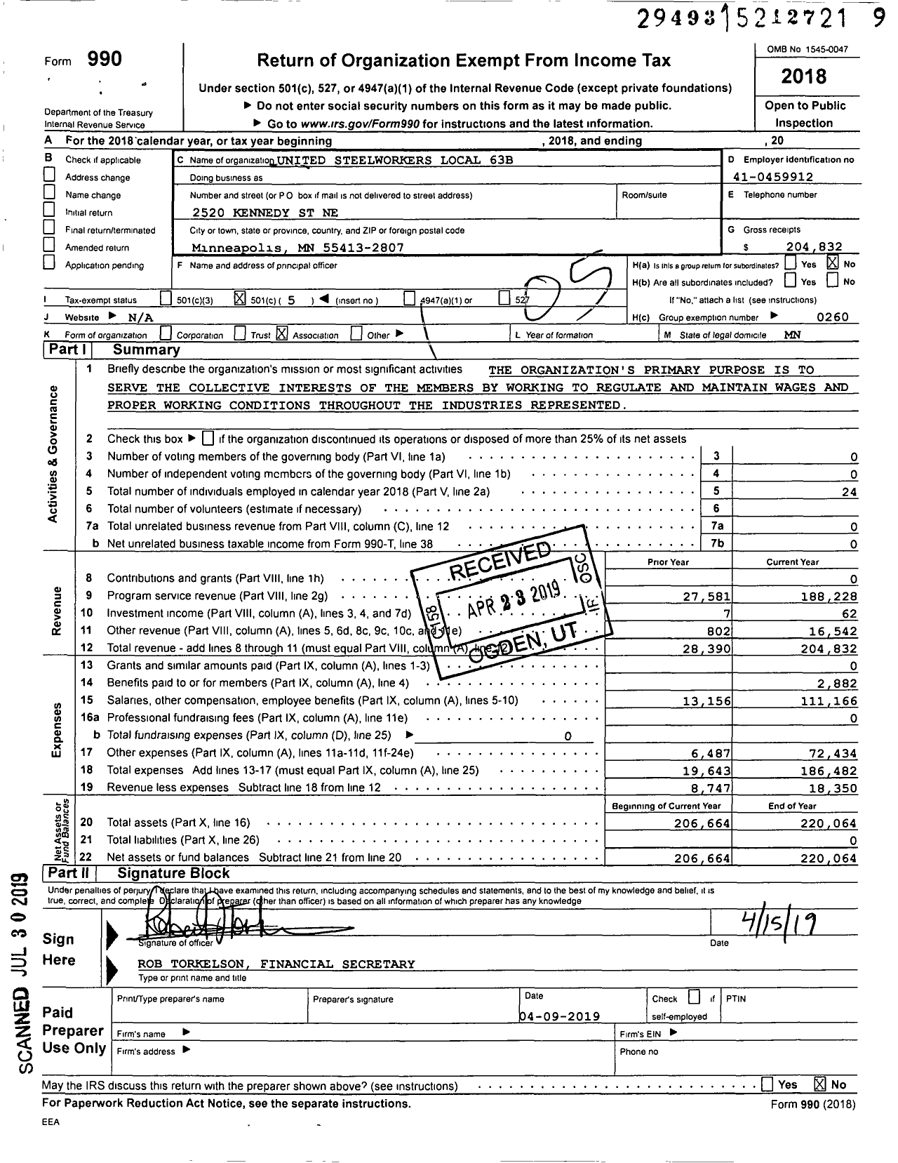 Image of first page of 2018 Form 990O for United Steelworkers International Local Union 00063B