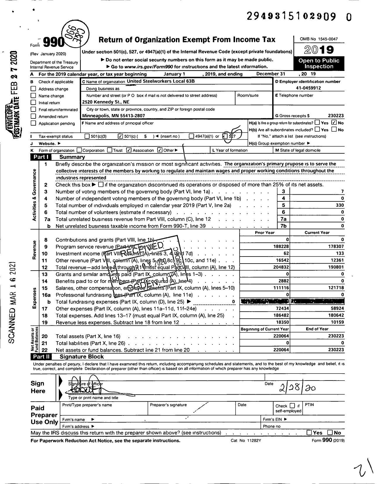 Image of first page of 2019 Form 990O for United Steelworkers International Local Union 00063B