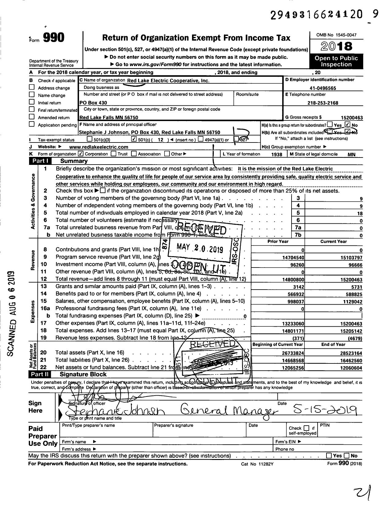 Image of first page of 2018 Form 990O for Red Lake Electric Cooperative