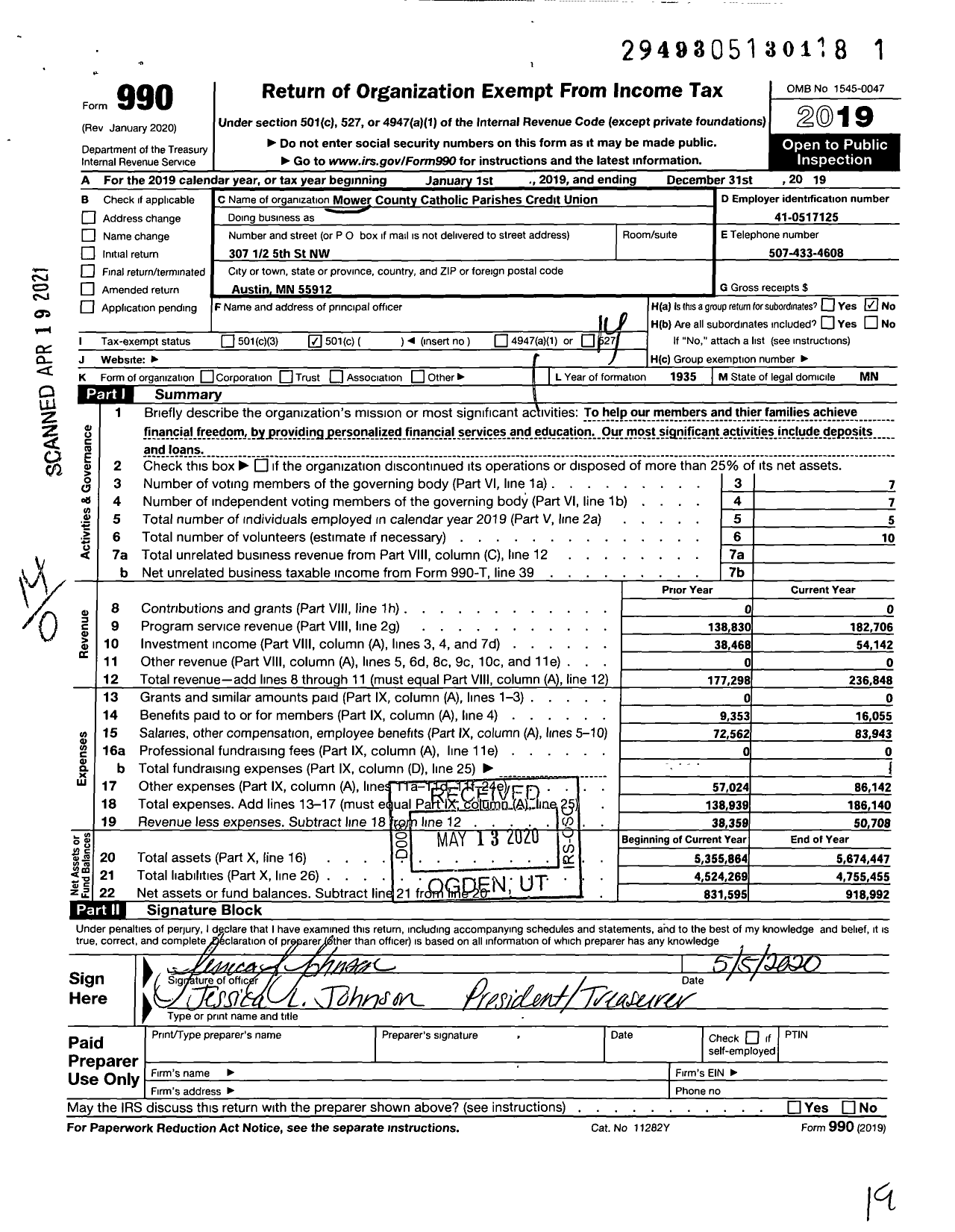 Image of first page of 2019 Form 990O for Mower County Catholic Parishes Credit Union