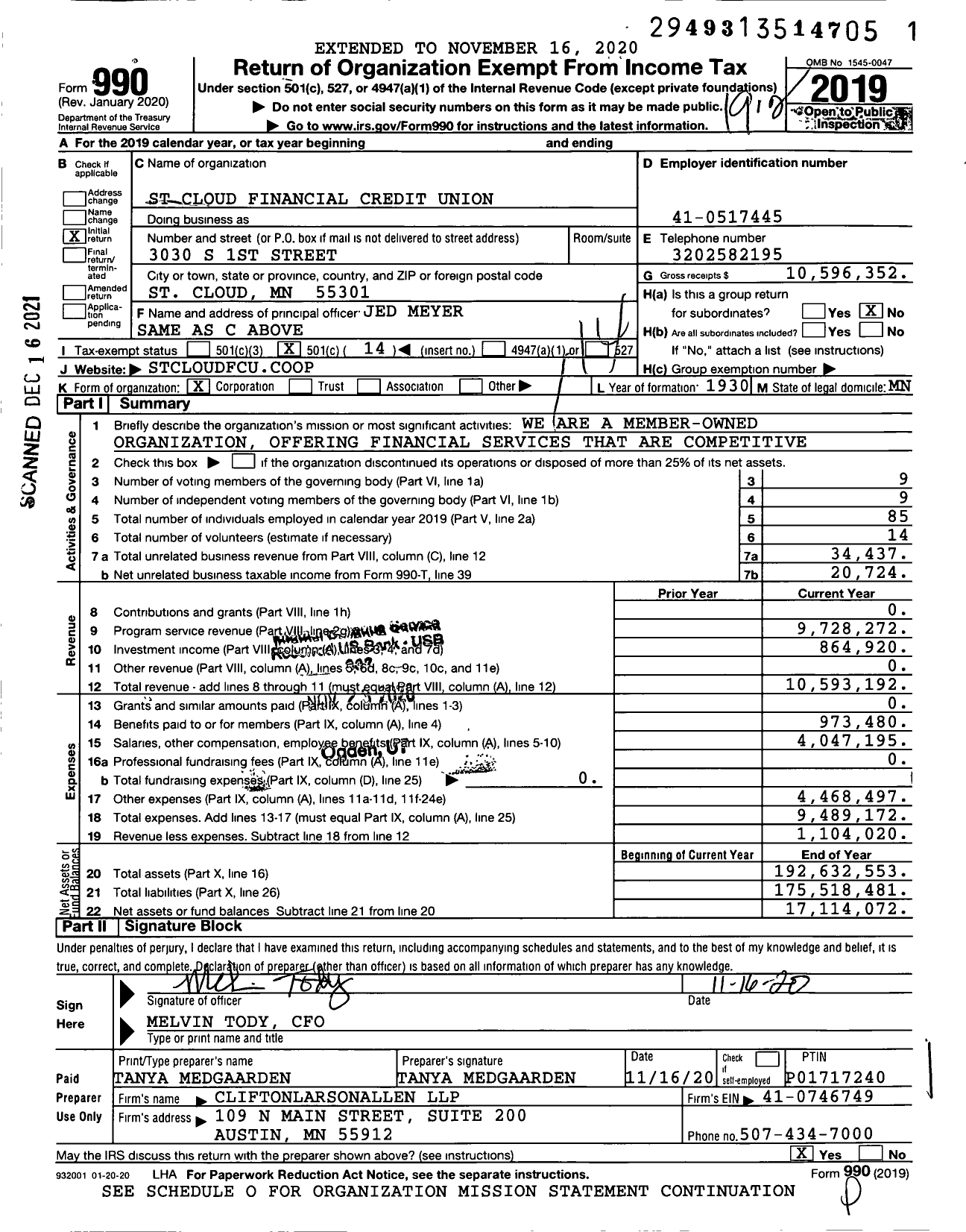 Image of first page of 2019 Form 990O for St Cloud Financial Credit Union