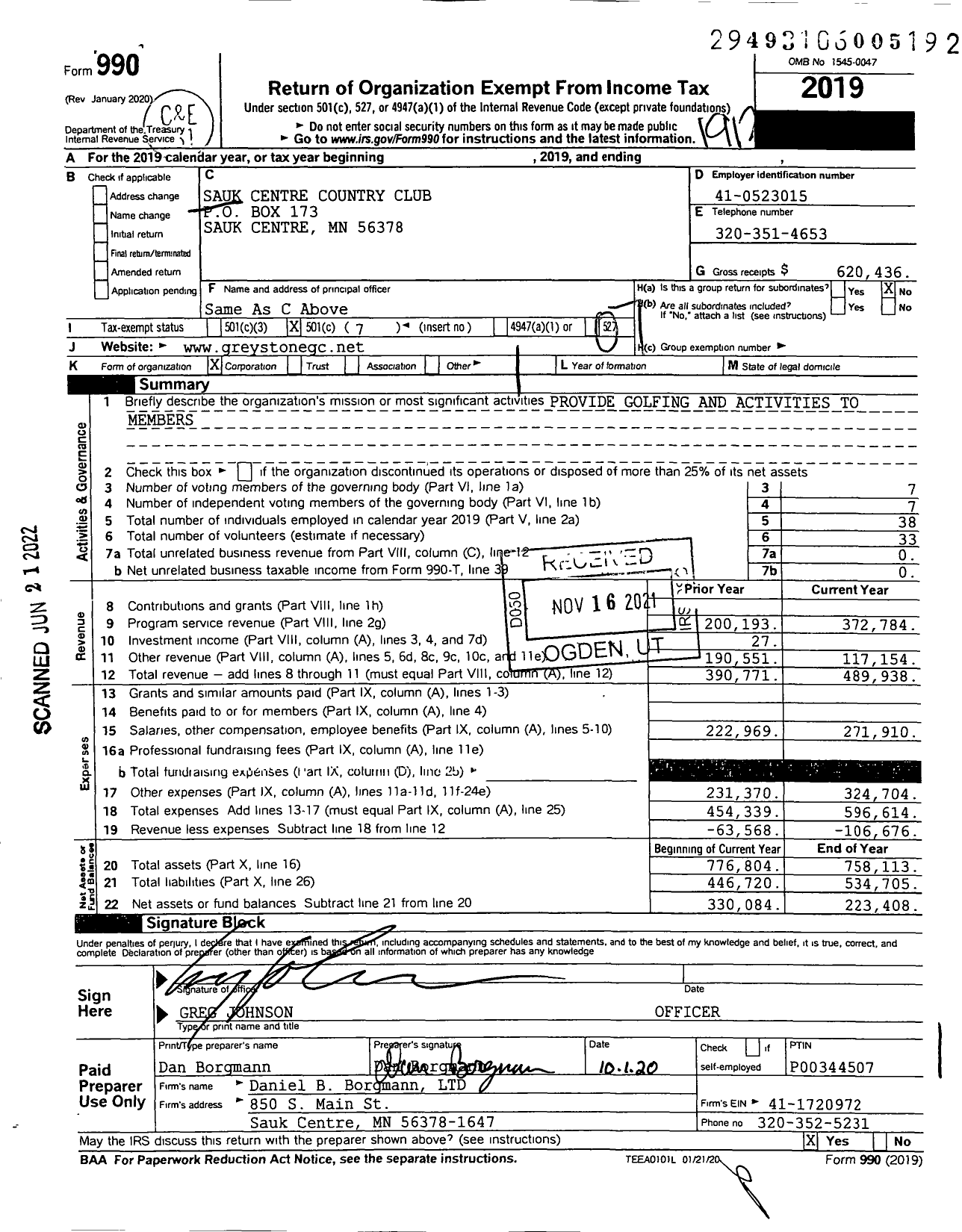 Image of first page of 2019 Form 990O for Sauk Centre Country Club