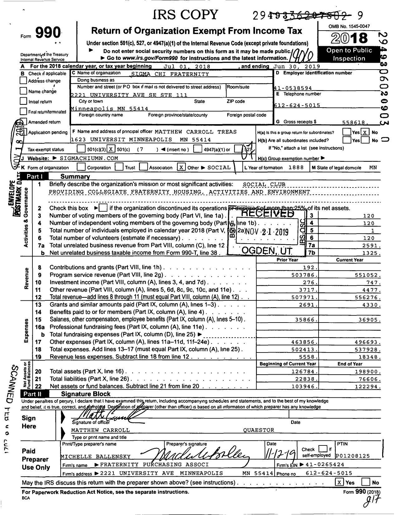 Image of first page of 2018 Form 990O for Sigma Chi Fraternity - Alpha Sigma Chapter Univ of Minn