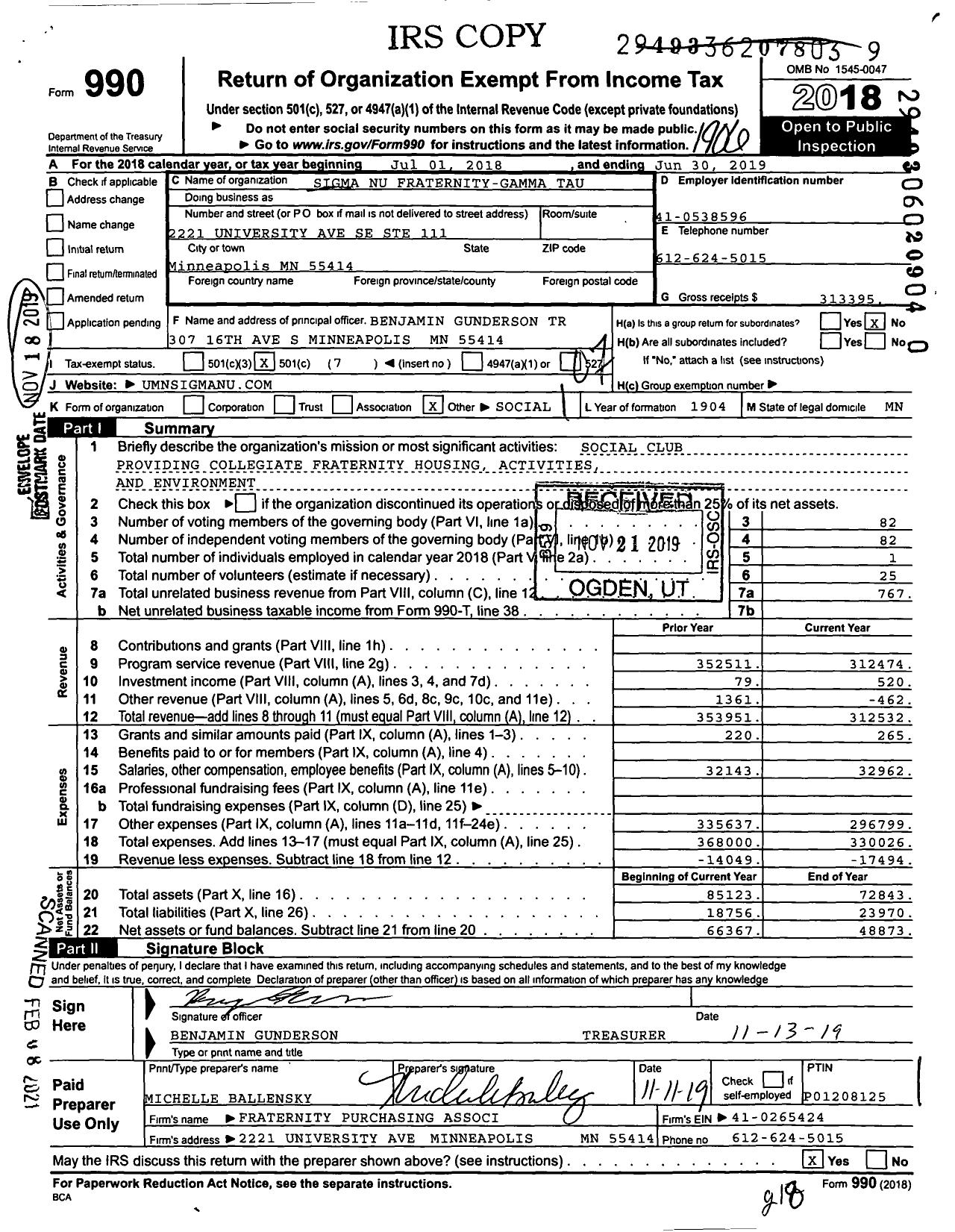 Image of first page of 2018 Form 990O for Sigma Nu Fraternity - Gamma Tau