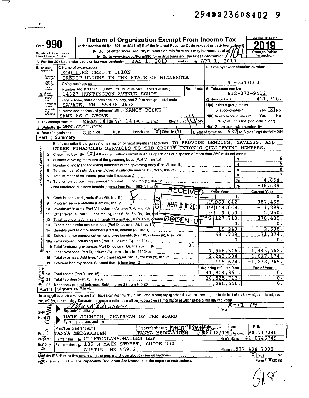 Image of first page of 2018 Form 990O for Soo Line Credit Union (SLCU)