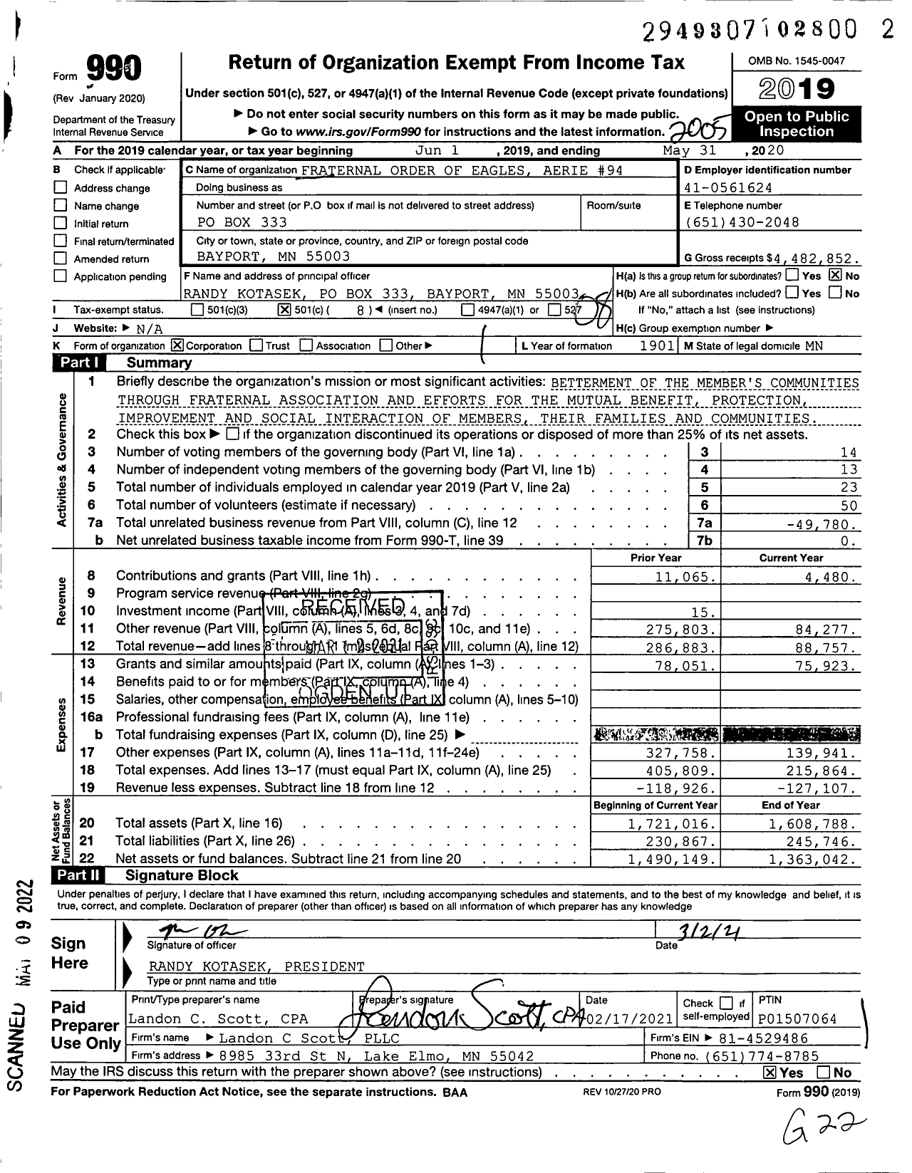 Image of first page of 2019 Form 990O for Fraternal Order of Eagles - 94 Aerie