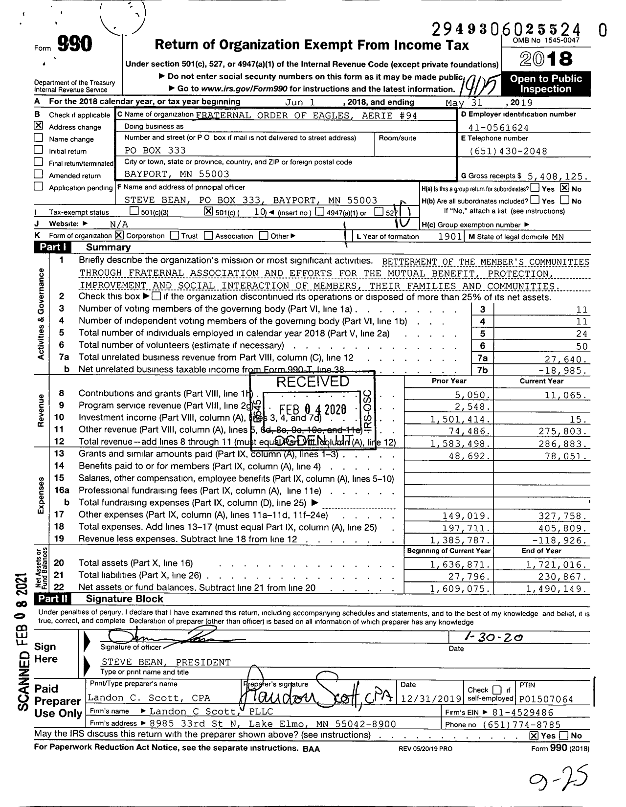 Image of first page of 2018 Form 990O for Fraternal Order of Eagles - 94 Aerie