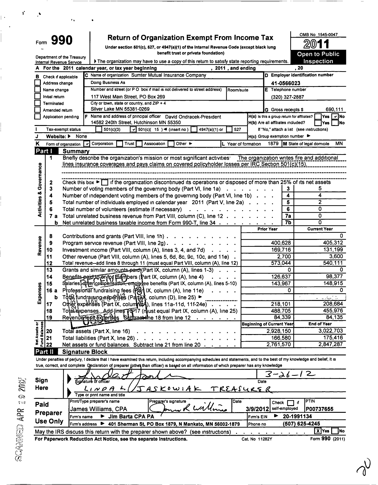 Image of first page of 2011 Form 990O for Sumter Mutual Insurance Company