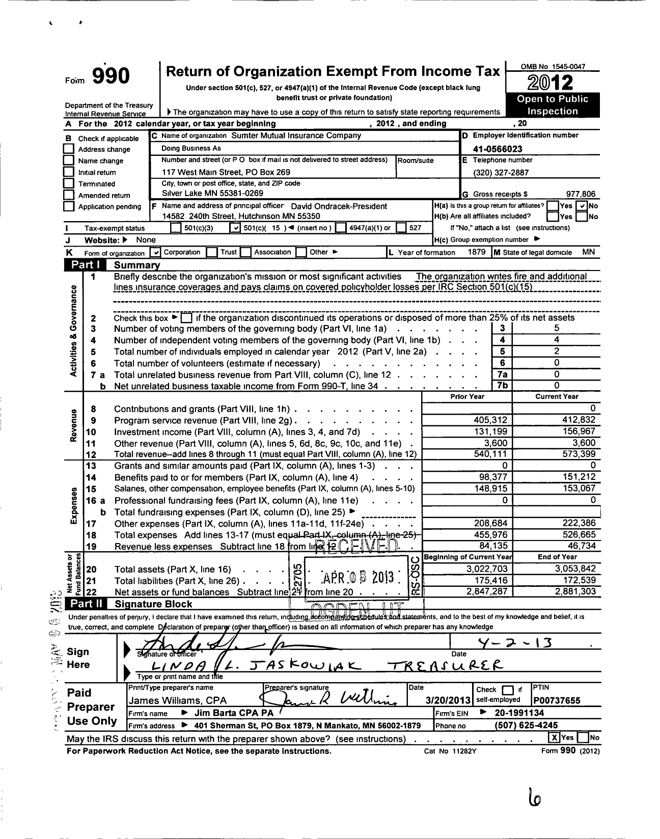 Image of first page of 2012 Form 990O for Sumter Mutual Insurance Company