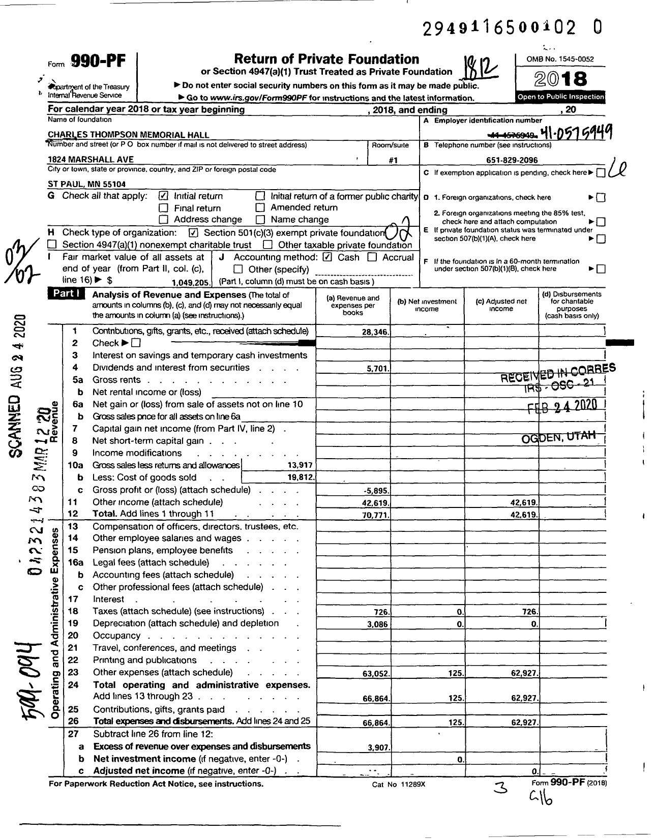 Image of first page of 2018 Form 990PR for Charles Thompson Memorial Hall