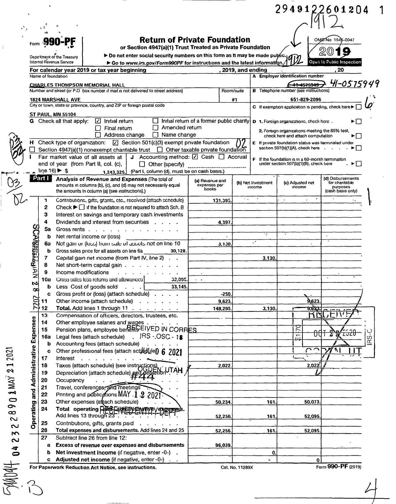 Image of first page of 2019 Form 990PF for Charles Thompson Memorial Hall