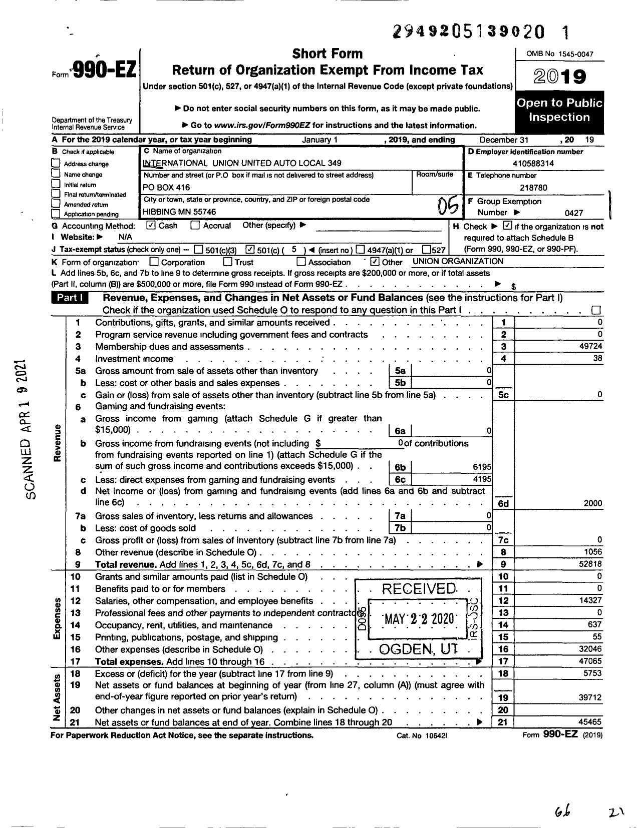 Image of first page of 2019 Form 990EO for Uaw - INTERNATIONAL UNION UNITED AUTO AEROSPACE and AGRICULTURAL WORKERS Local 349