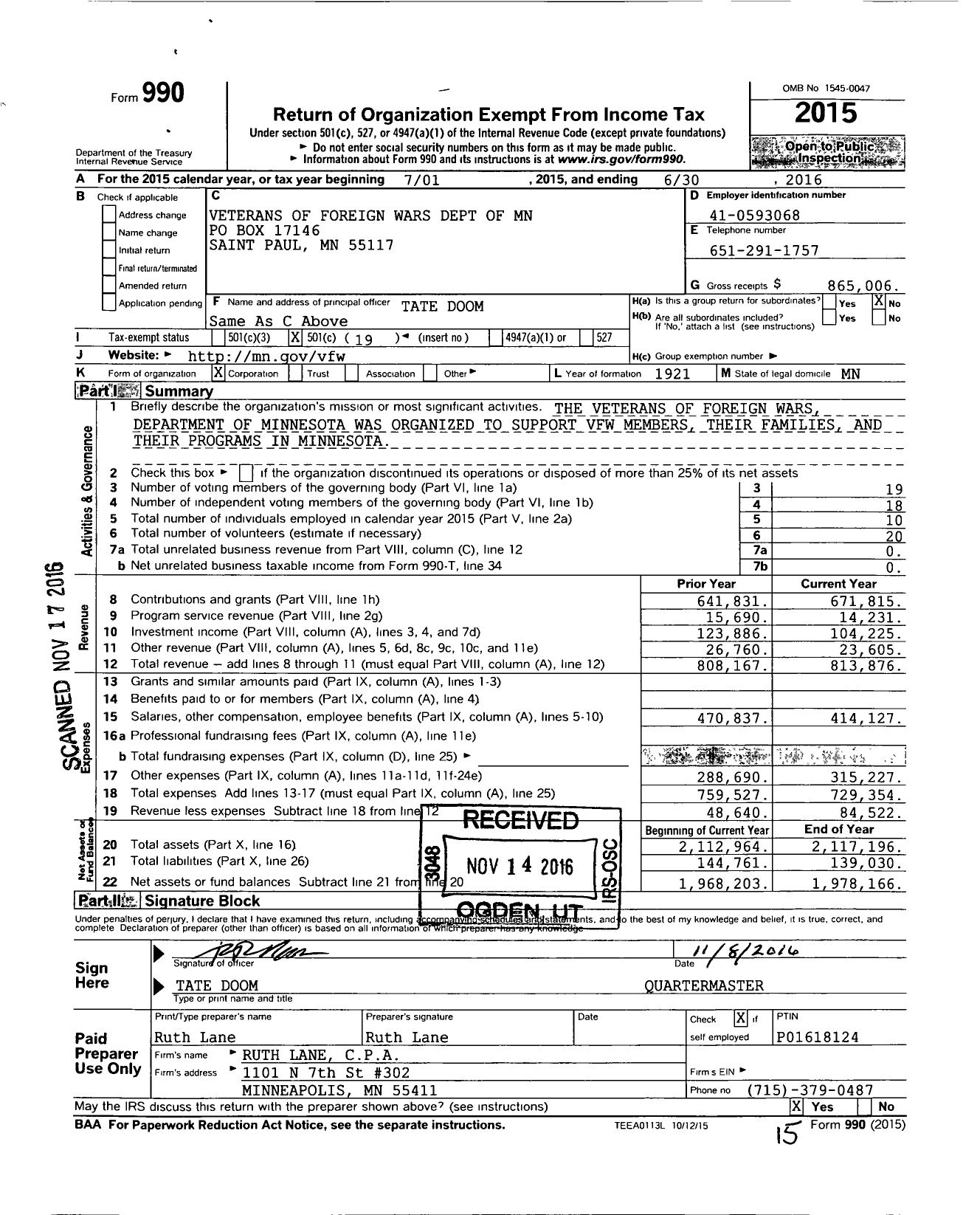 Image of first page of 2015 Form 990O for Veterans of Foreign Wars Dept of MN