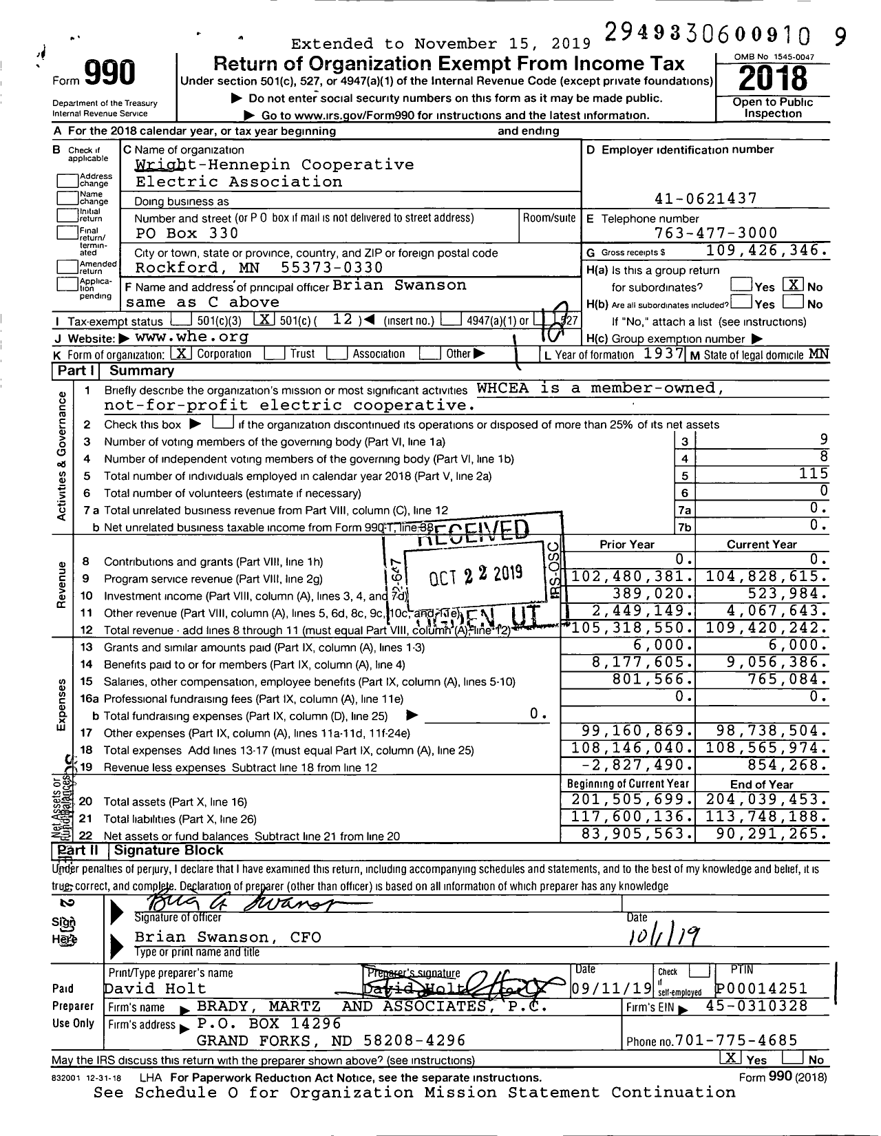 Image of first page of 2018 Form 990O for Wright-Hennepin Cooperative Electric Association