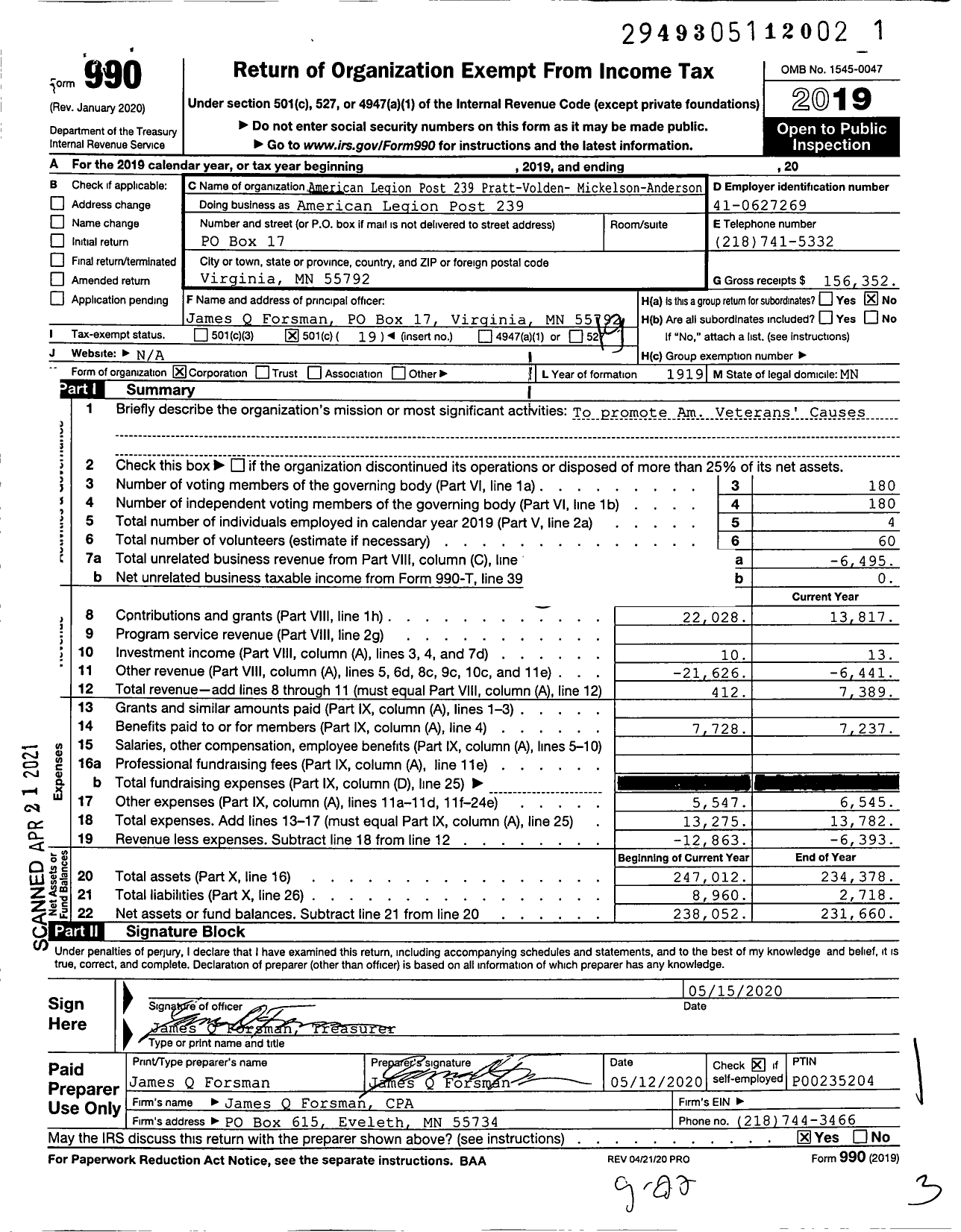 Image of first page of 2019 Form 990O for American Legion Post 239 Pratt-Volden-Mickelson-Anderson