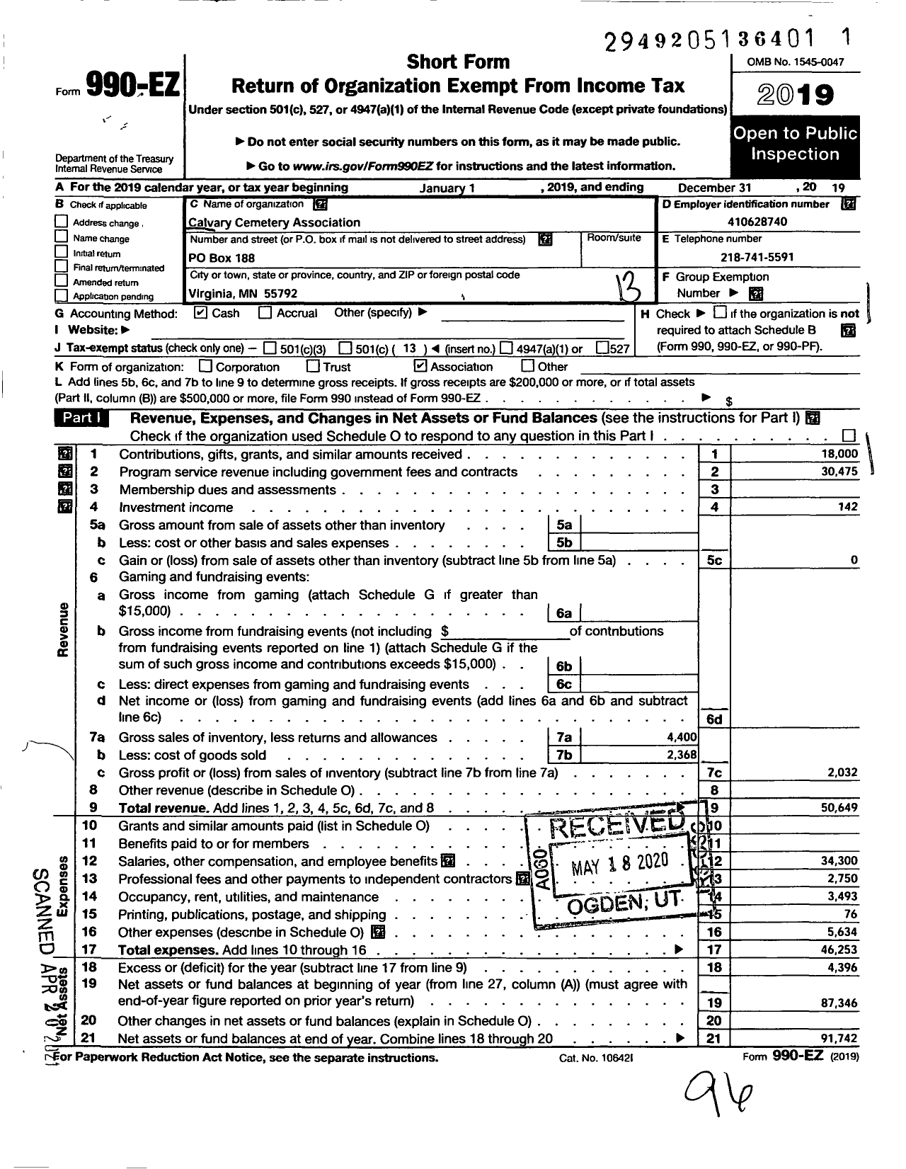 Image of first page of 2019 Form 990EO for Calvary Cemetary Association