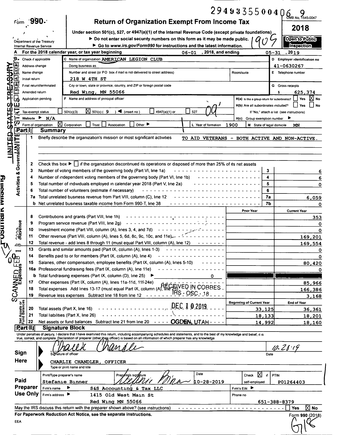 Image of first page of 2018 Form 990O for American Legion - American Legion Club