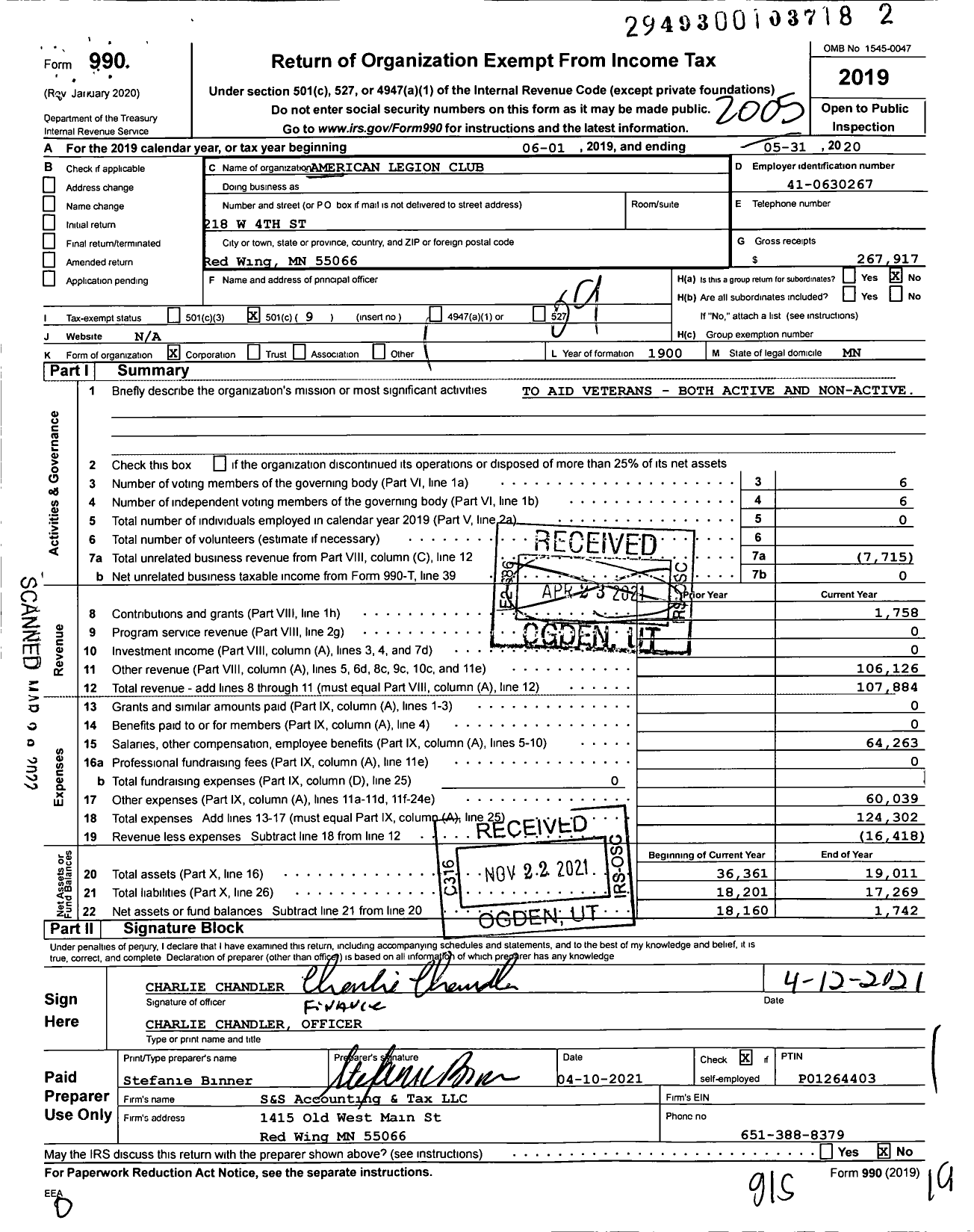 Image of first page of 2019 Form 990O for American Legion - American Legion Club