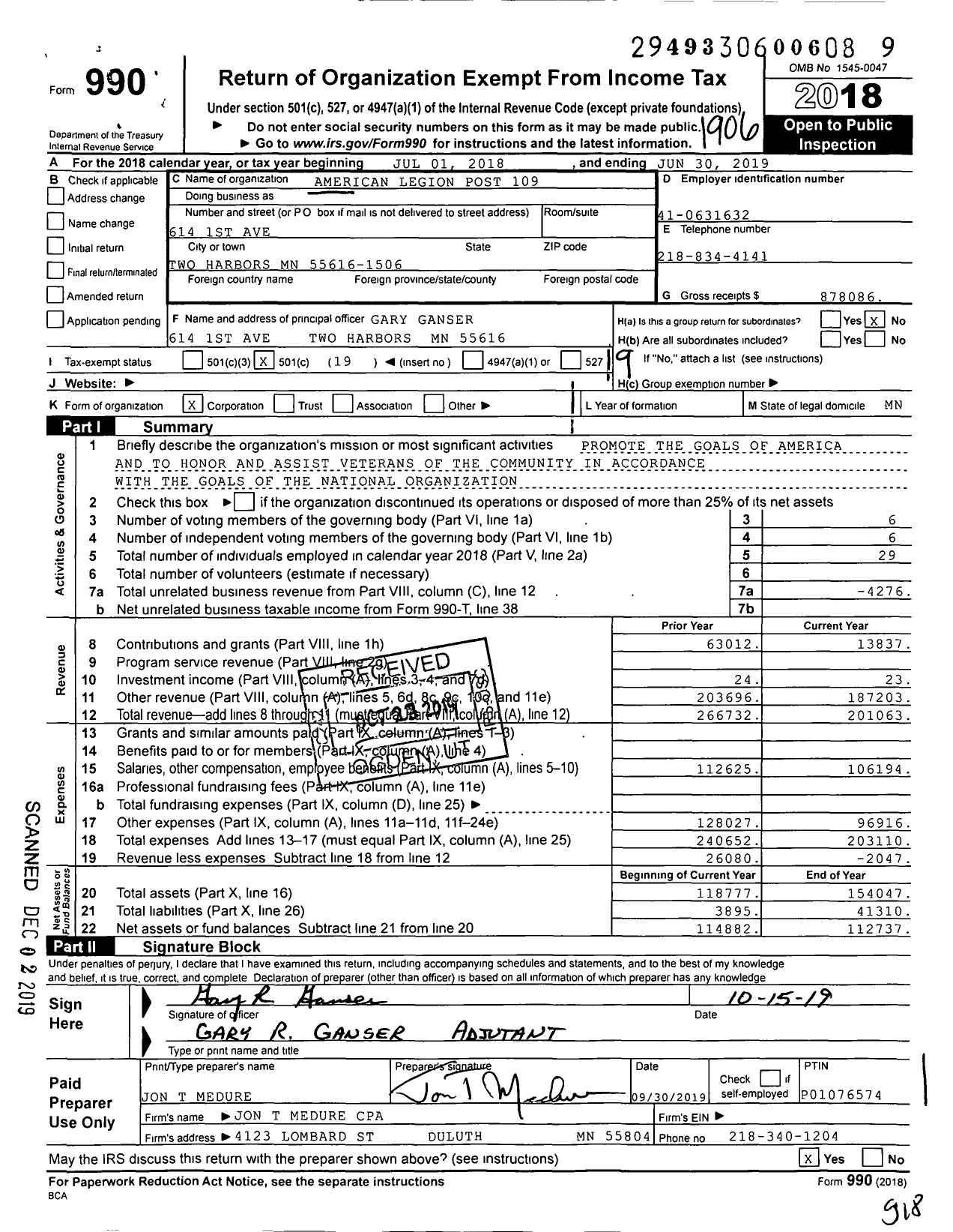 Image of first page of 2018 Form 990O for American Legion - 109 Anderson-Claffy Post