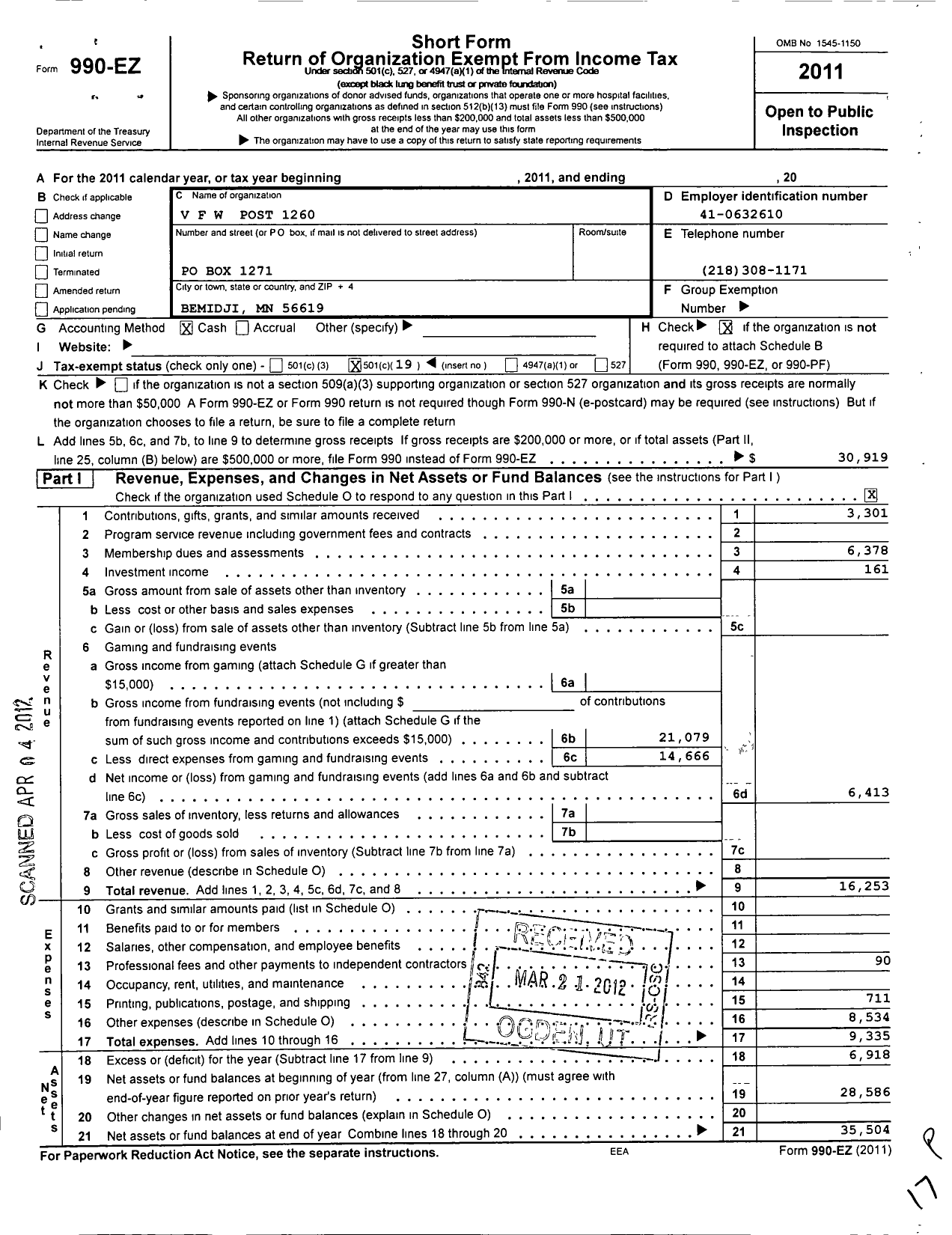 Image of first page of 2011 Form 990EO for MN VFW - 1260 Harold Baggenstoss Post