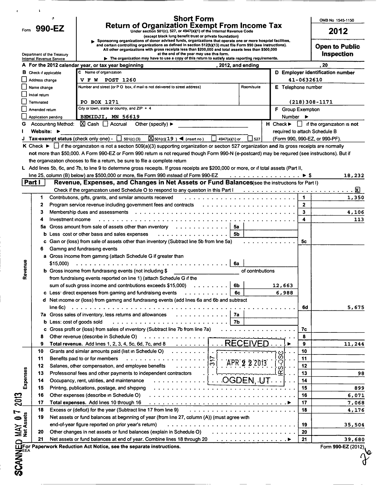 Image of first page of 2012 Form 990EO for MN VFW - 1260 Harold Baggenstoss Post