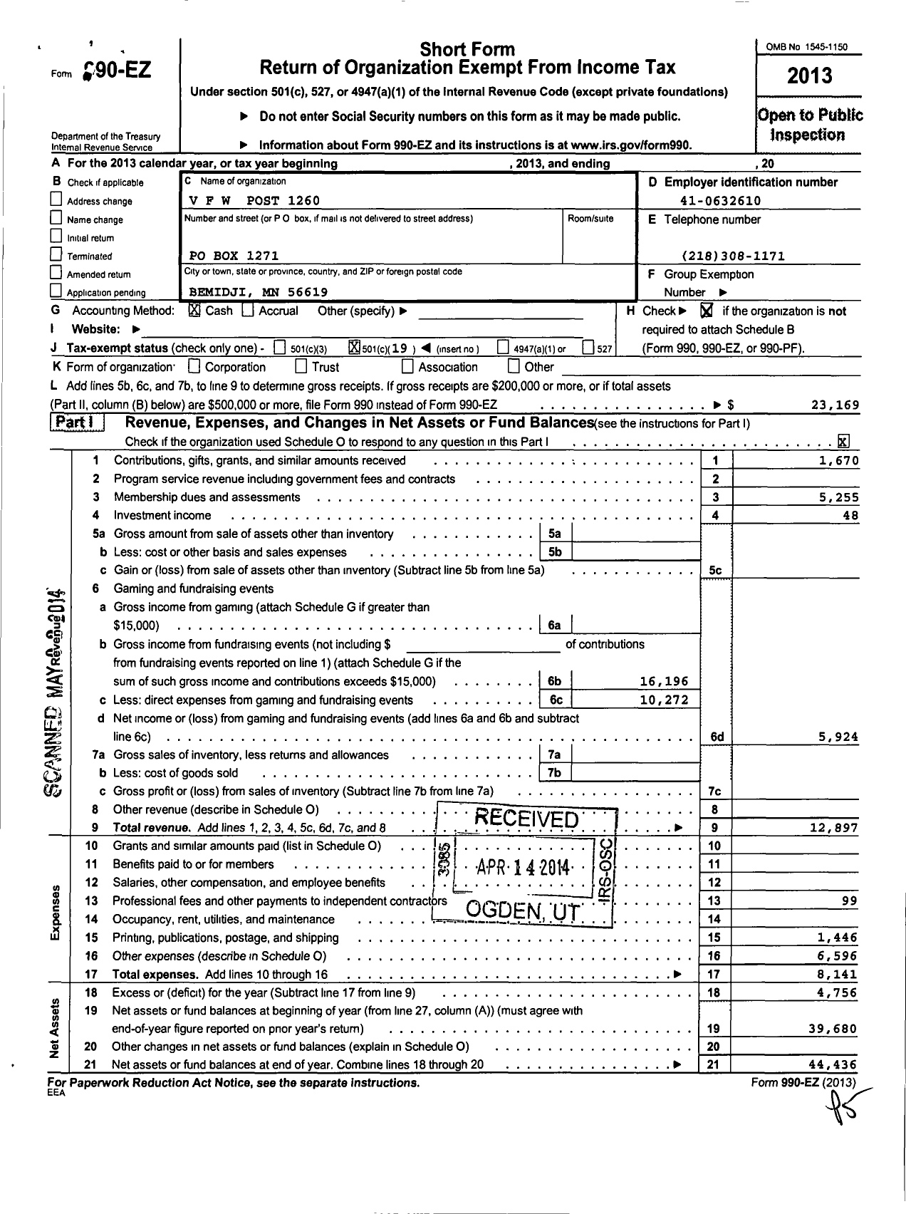 Image of first page of 2013 Form 990EO for MN VFW - 1260 Harold Baggenstoss Post