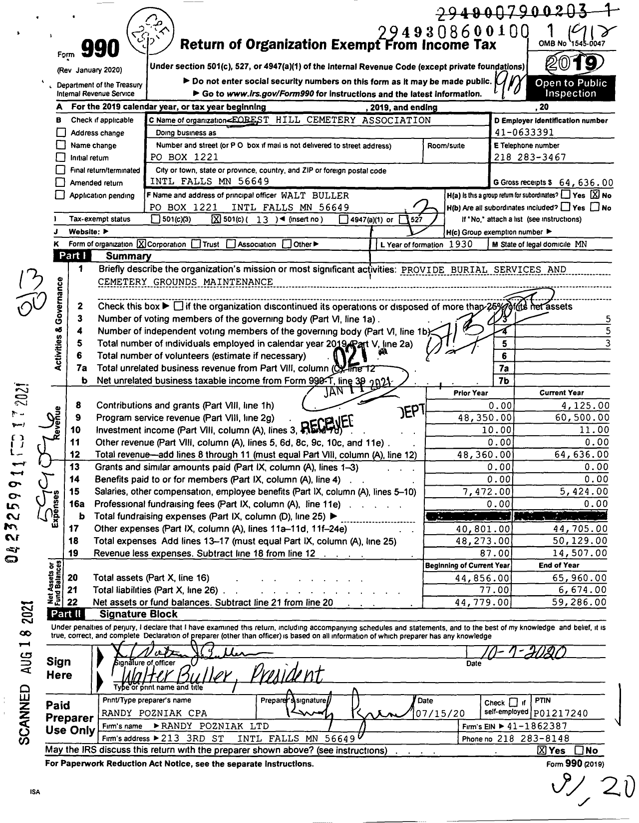 Image of first page of 2019 Form 990O for Forest Hill Cemetery Association