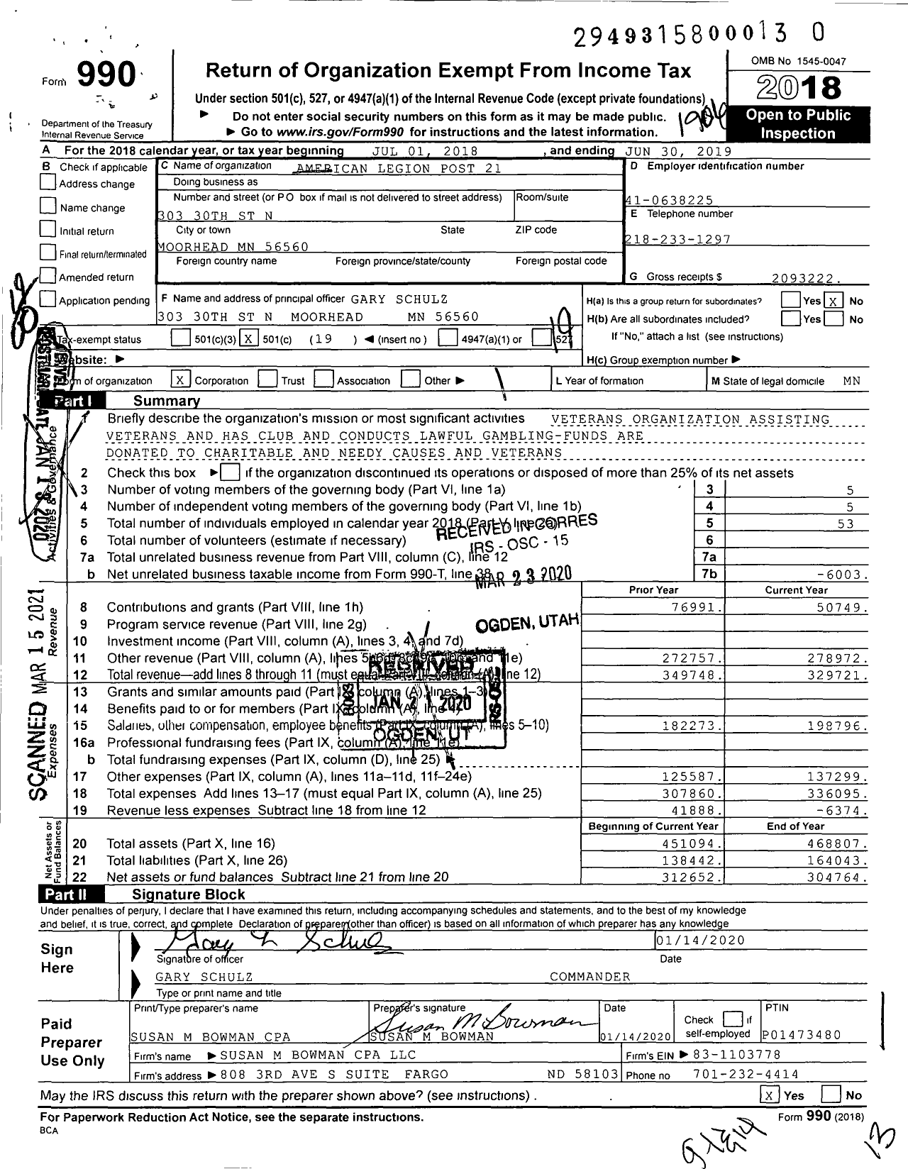 Image of first page of 2018 Form 990O for American Legion Post 21