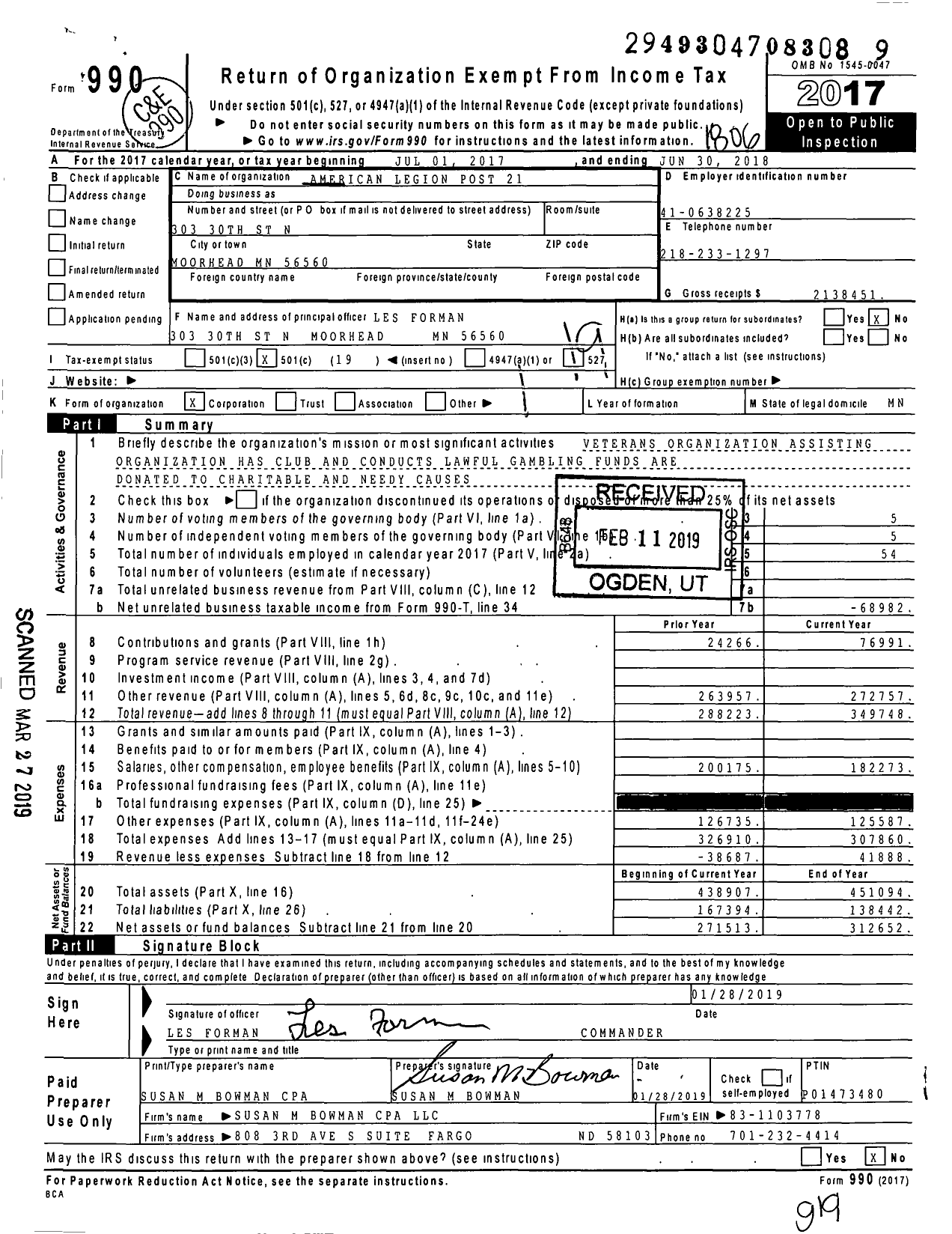 Image of first page of 2017 Form 990O for American Legion Post 21