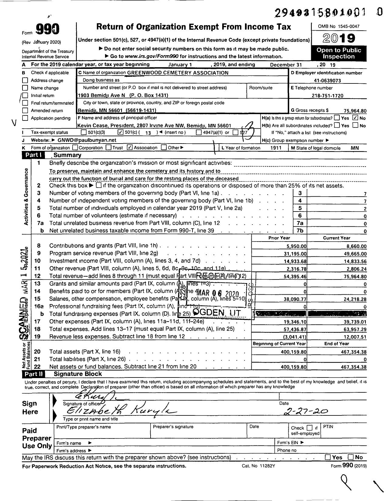 Image of first page of 2019 Form 990O for Greenwood Cemetery Association