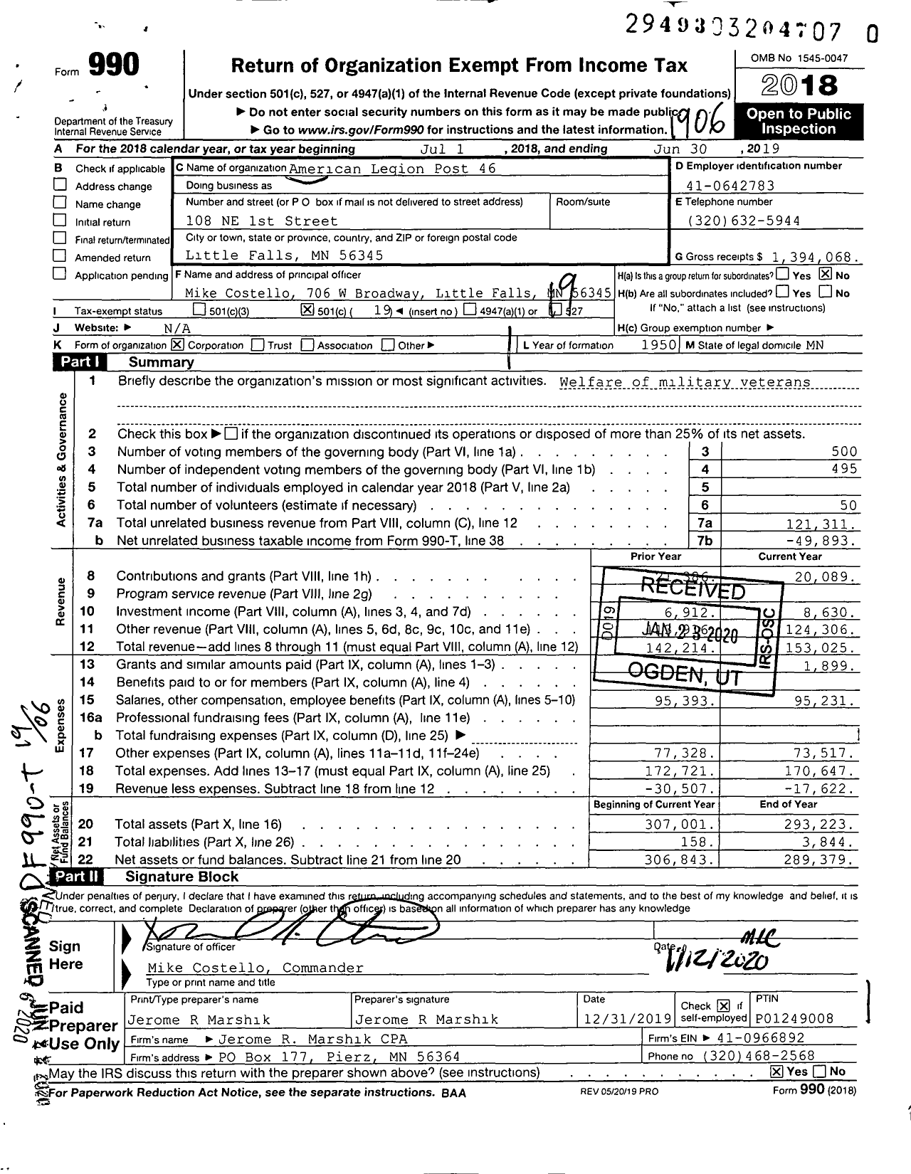 Image of first page of 2018 Form 990O for American Legion - Little Falls Legion Club