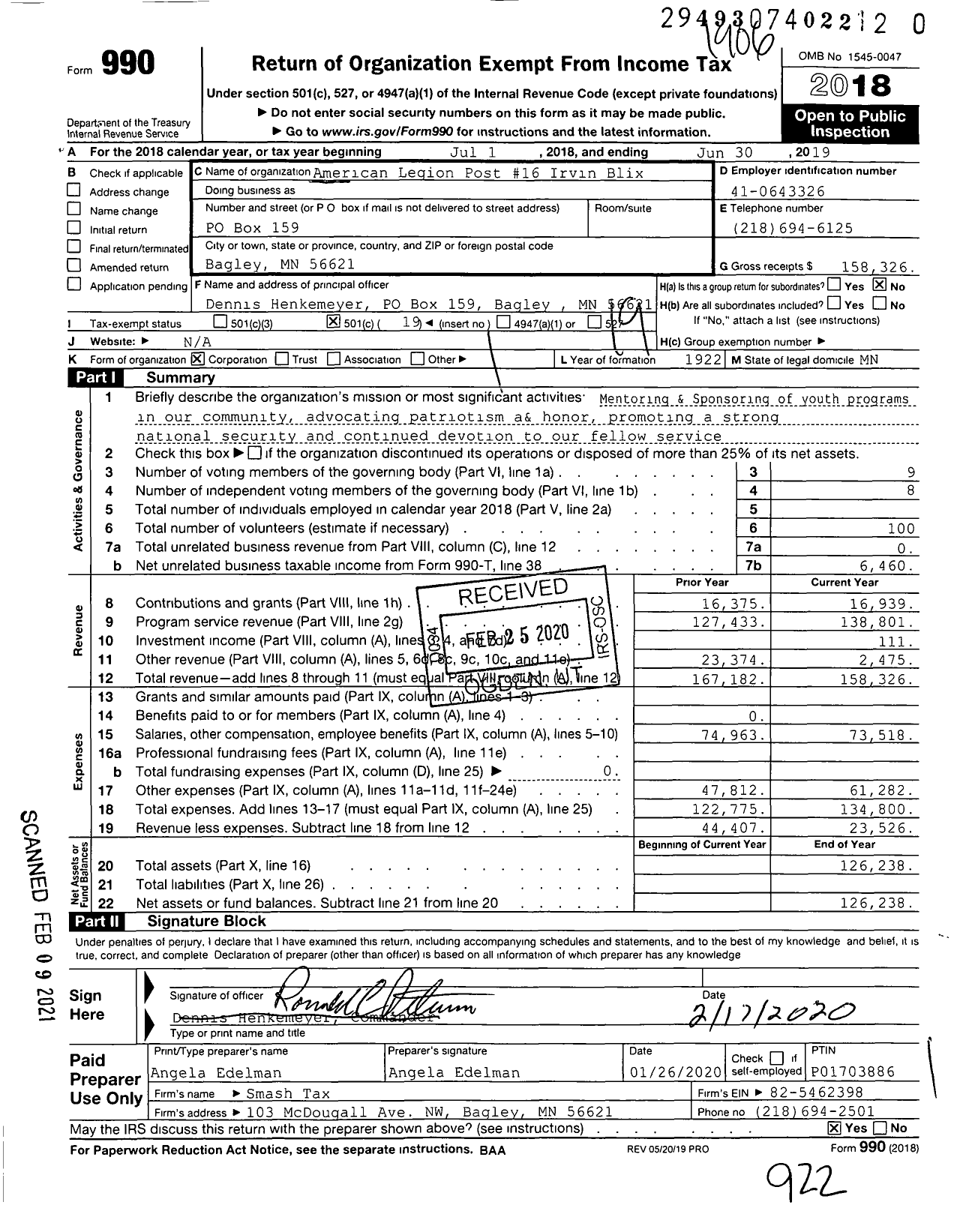 Image of first page of 2018 Form 990O for American Legion - 0016 Irvin Blix