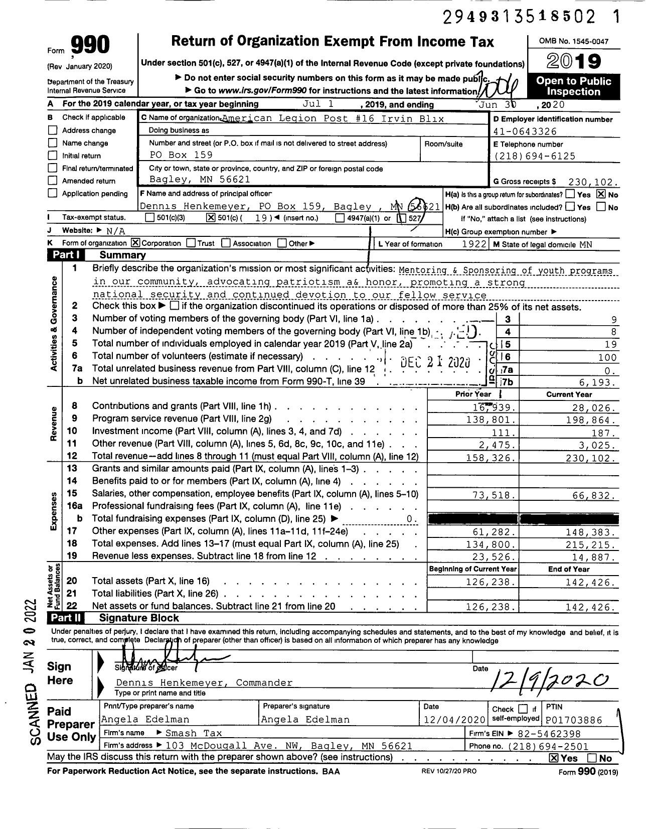 Image of first page of 2019 Form 990O for American Legion - 0016 Irvin Blix