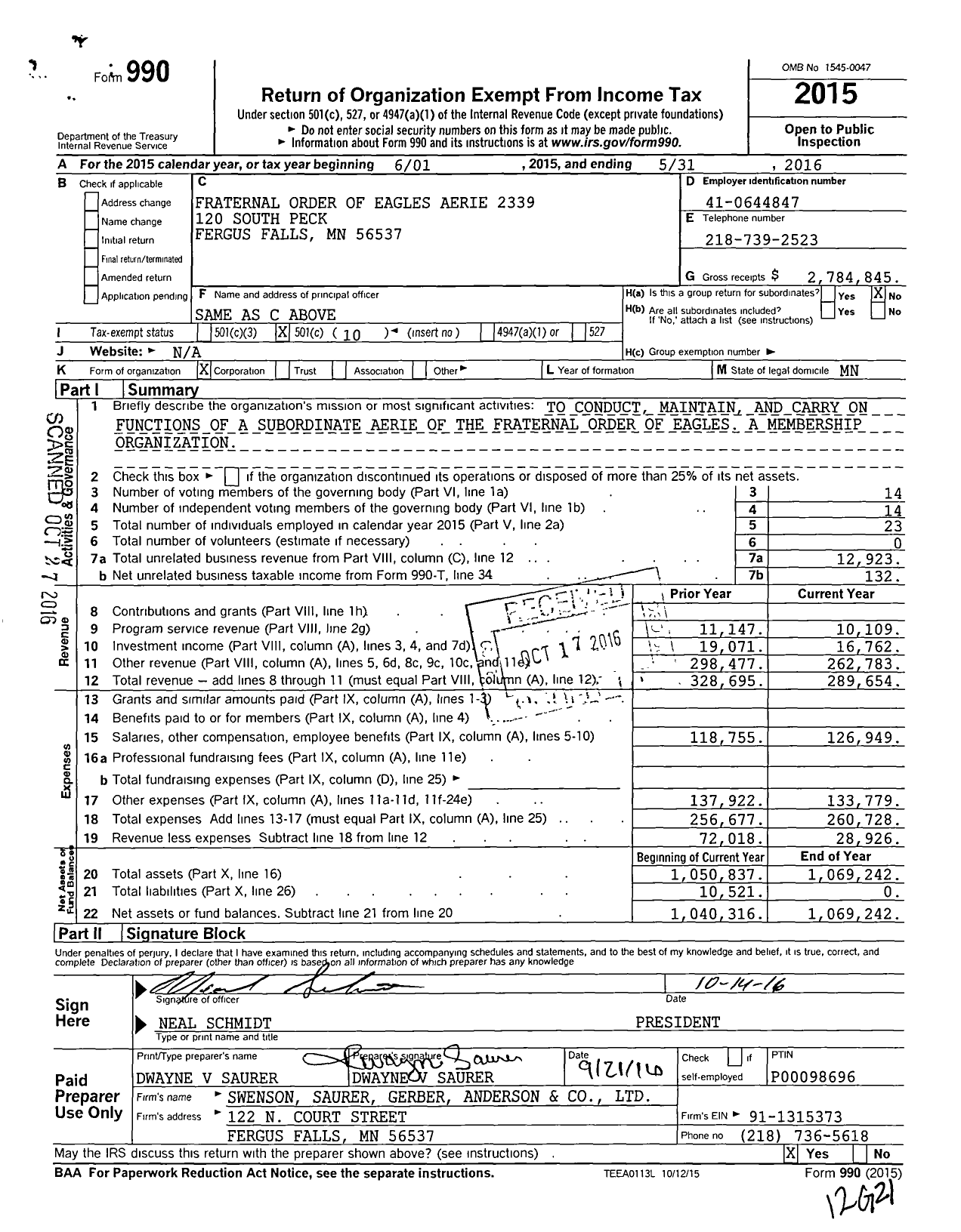 Image of first page of 2015 Form 990O for Fraternal Order of Eagles Aerie 2339