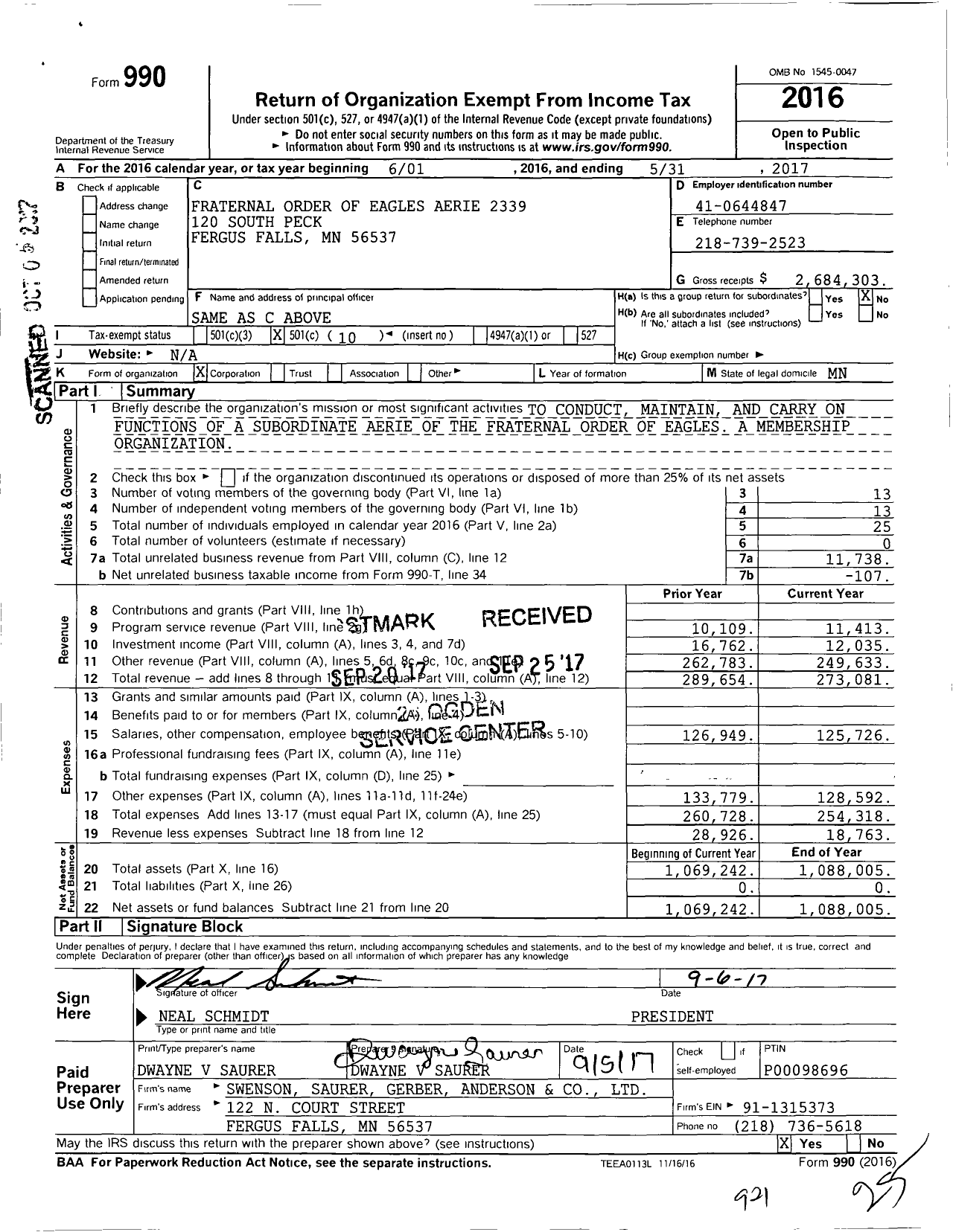 Image of first page of 2016 Form 990O for Fraternal Order of Eagles Aerie 2339