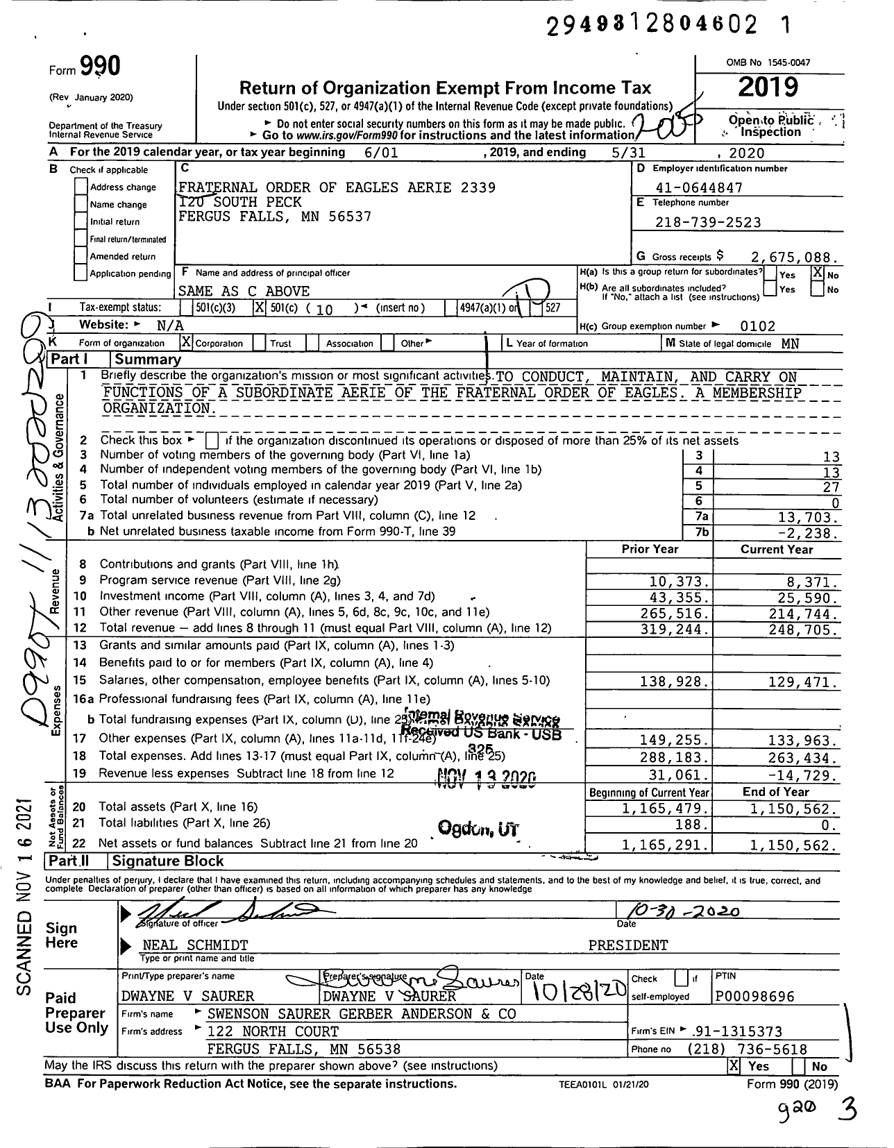 Image of first page of 2019 Form 990O for Fraternal Order of Eagles Aerie 2339