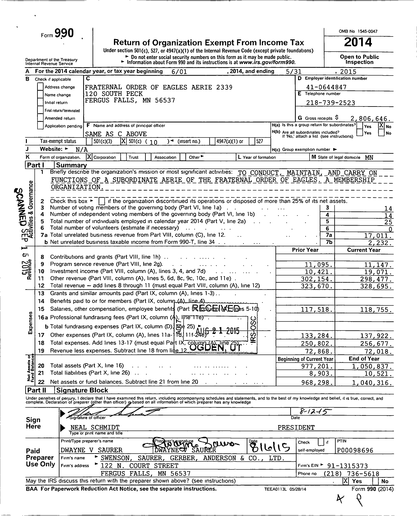 Image of first page of 2014 Form 990O for Fraternal Order of Eagles Aerie 2339