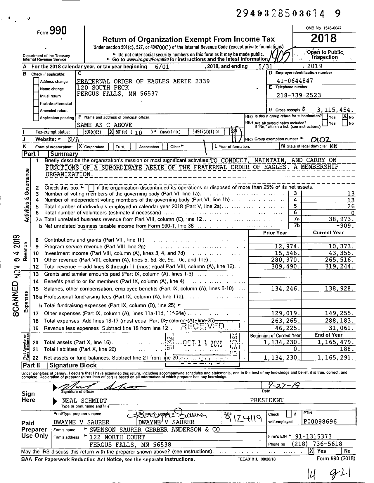 Image of first page of 2018 Form 990O for Fraternal Order of Eagles Aerie 2339