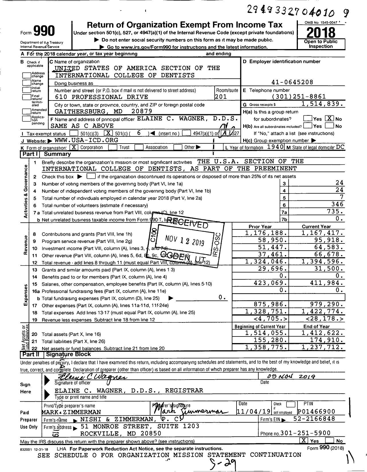 Image of first page of 2018 Form 990O for United States of America Section of the International College of Dentists (USA-ICD)